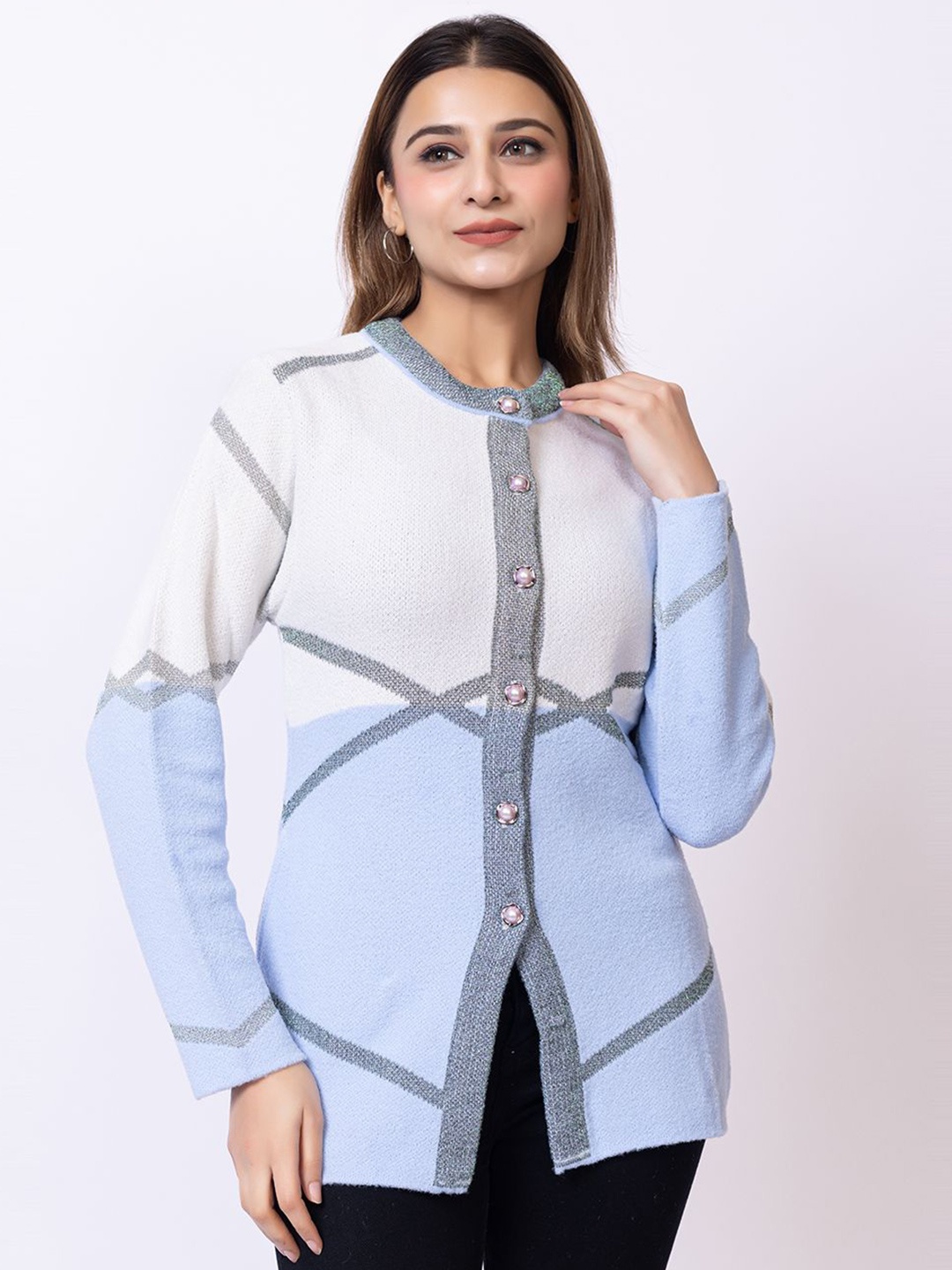 

Lady Leaf Women Embroidered Woollen Cardigan, Blue