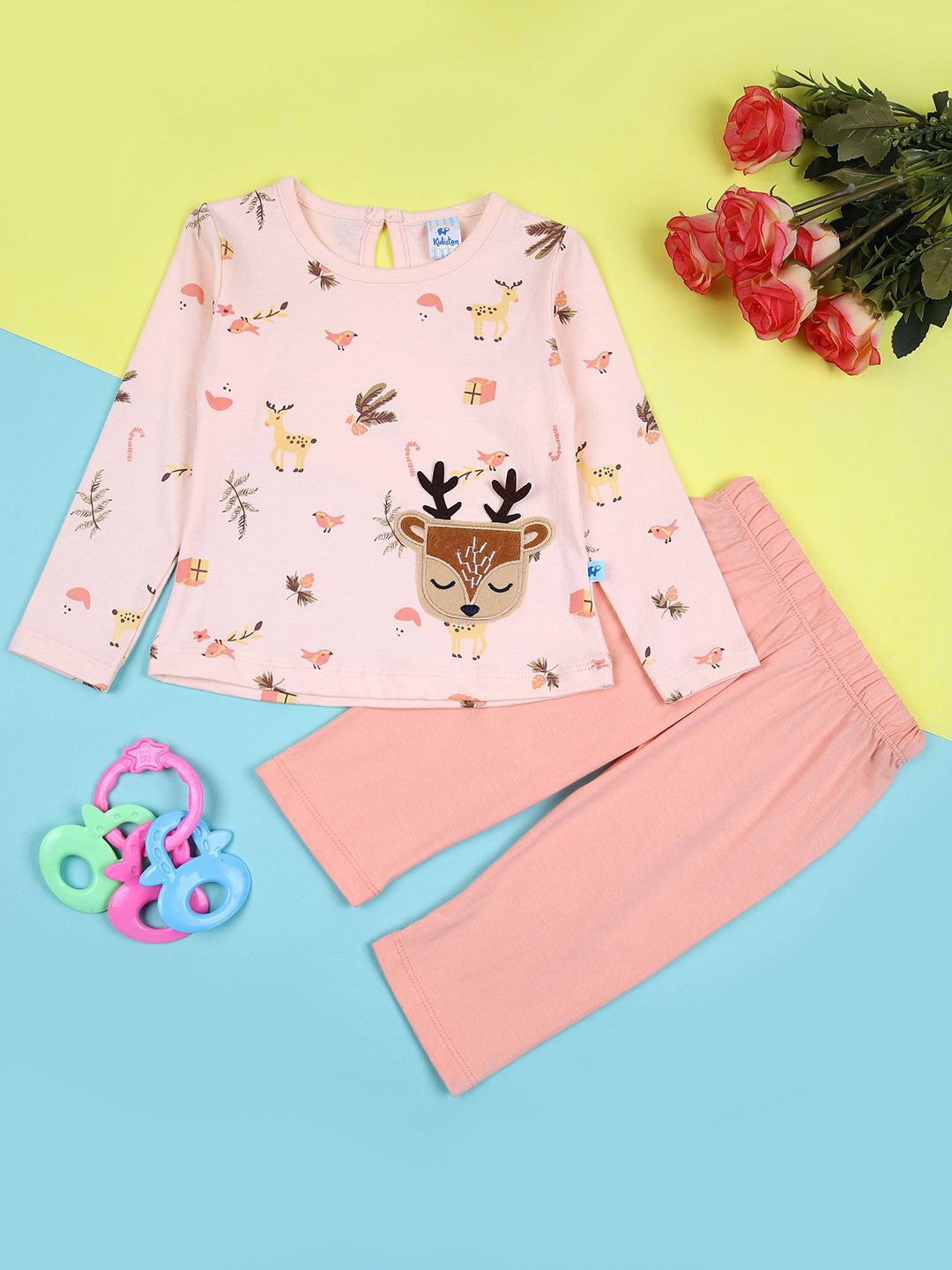 

V-Mart Girls Printed Round Neck Pure Cotton Top With Shorts, Peach