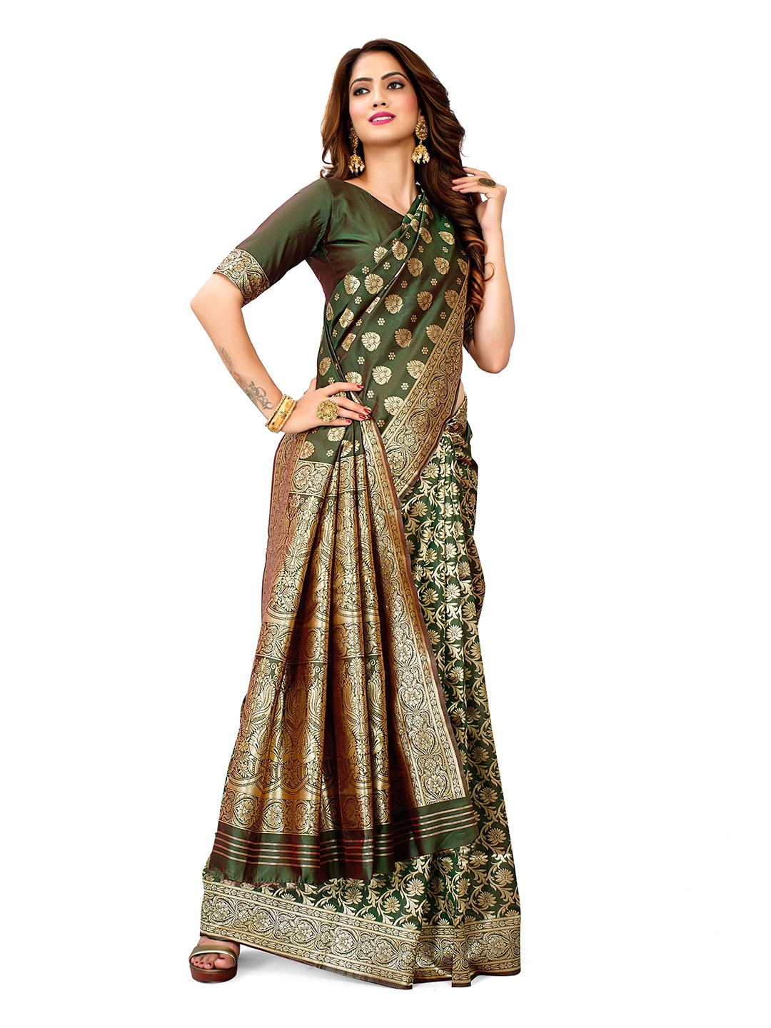 

Melok Woven Design Zari Silk Blend Ready to Wear Banarasi Saree, Green