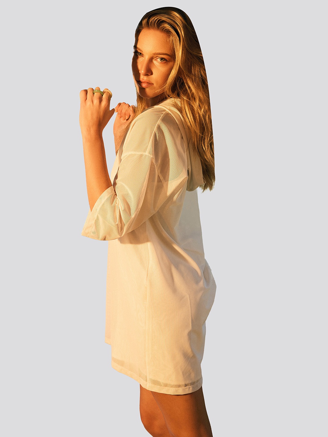 

Muvazo Typography Printed Hooded Semi Sheer T-shirt Dress, White