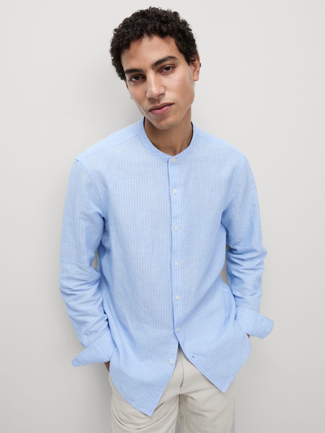 

Marks & Spencer Men Band Collar Vertical Striped Linen Casual Shirt, Blue