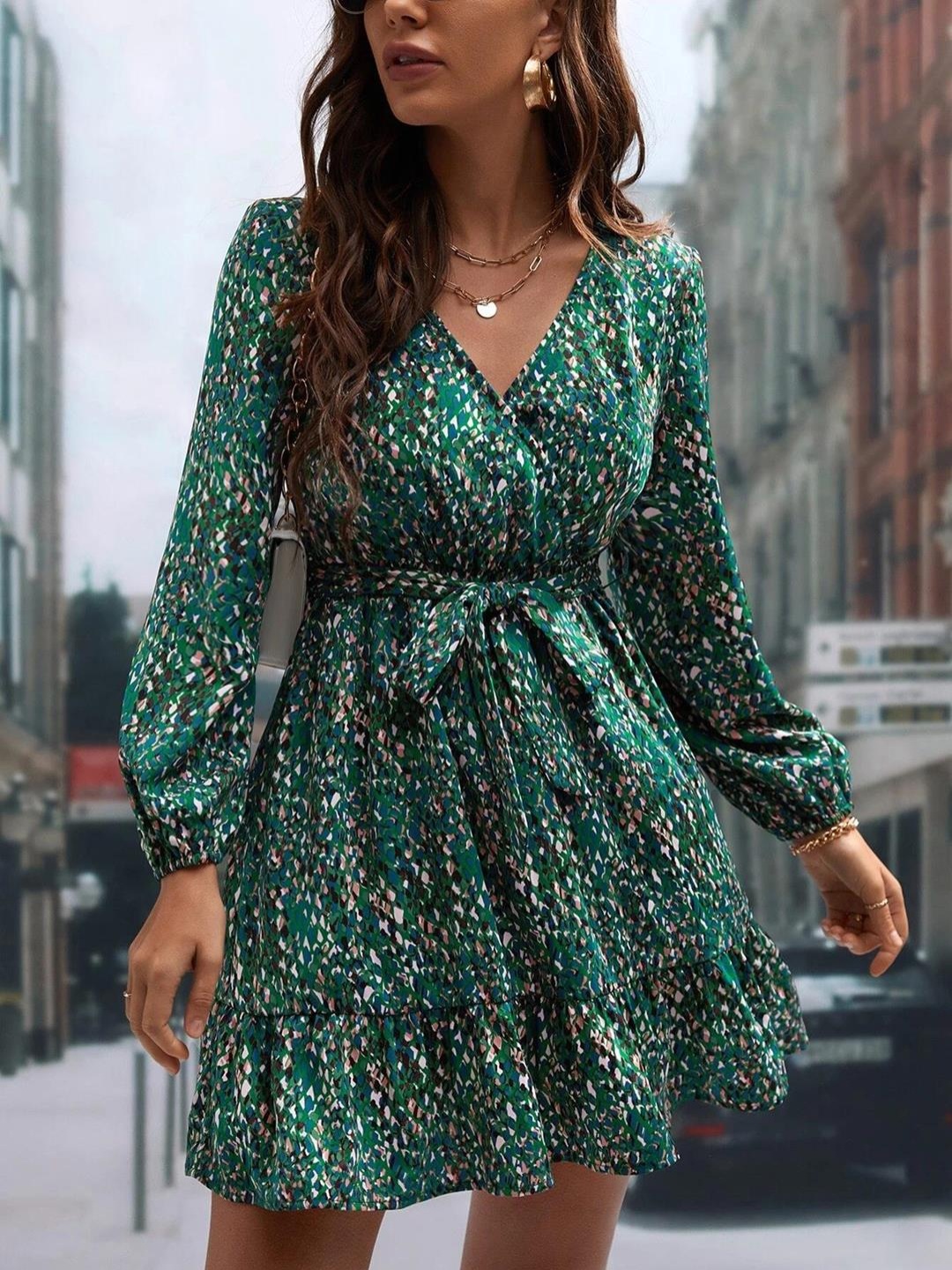 

Kotty Animal Print Puff Sleeve Crepe Fit & Flare Dress, Green