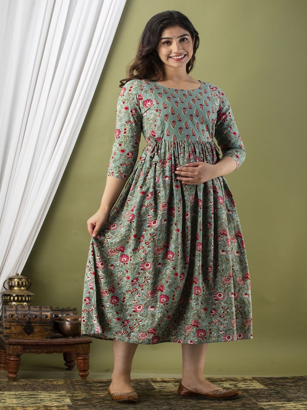 

Nevisha Style Women Floral Printed Thread Work Floral Maternity Anarkali Kurta, Grey