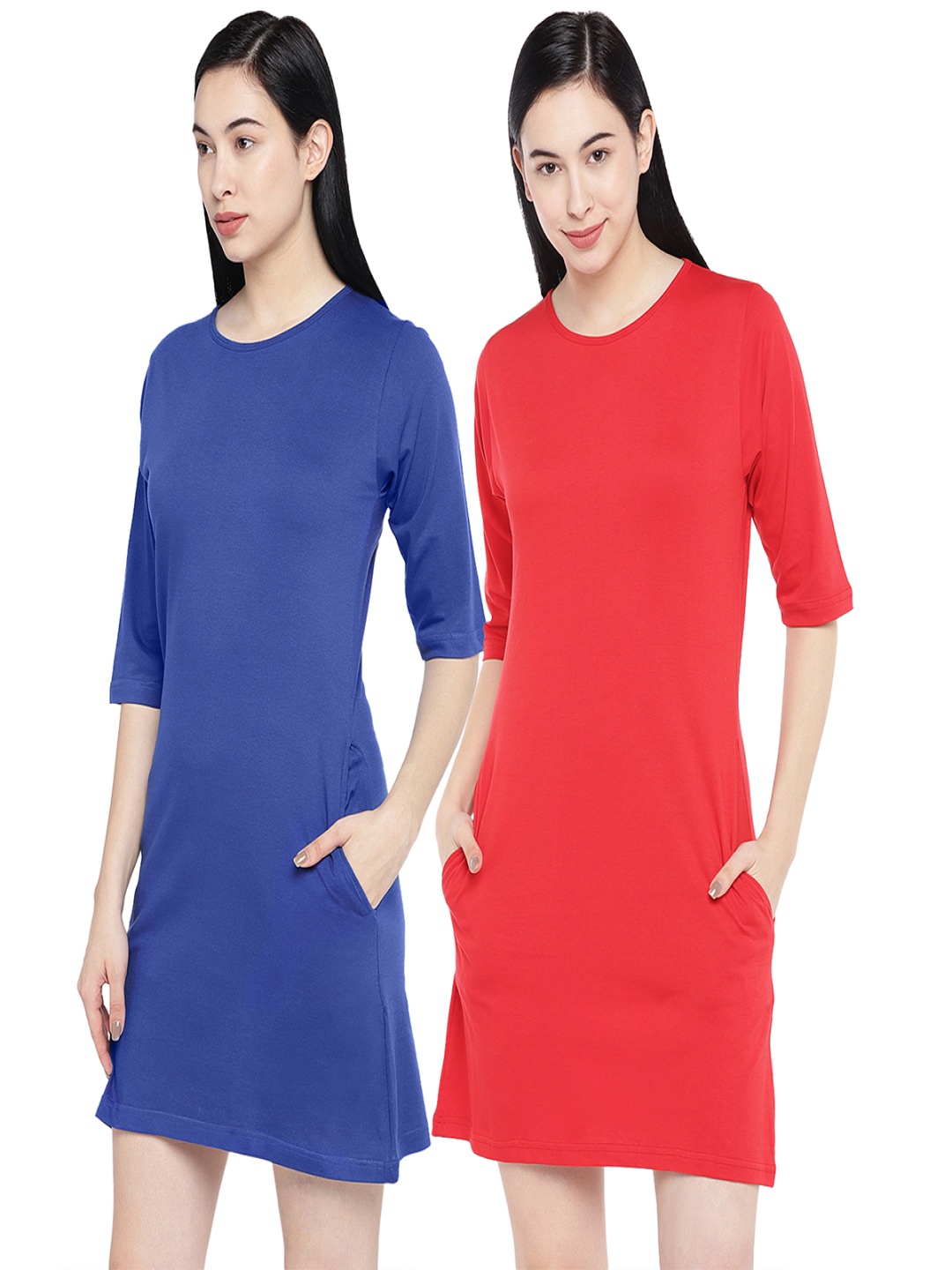 

STATUS MANTRA Pack of 2 Round Neck Pure Cotton T-shirt Dresses, Blue