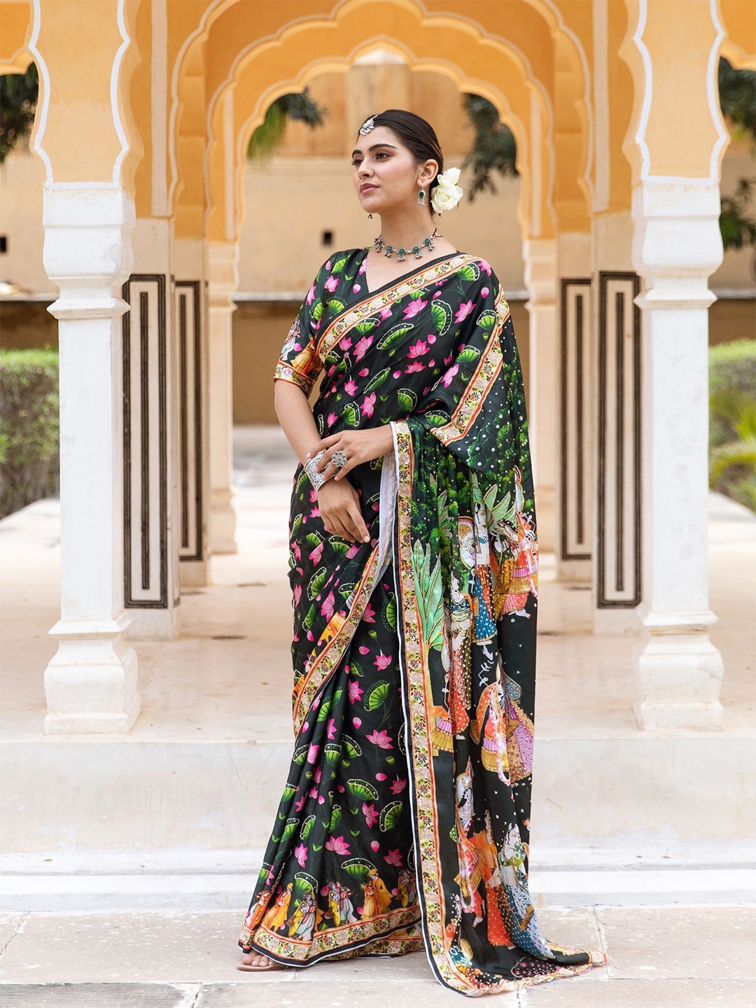 

ASHEERA Ethnic Motifs Zardozi Satin Saree, Black