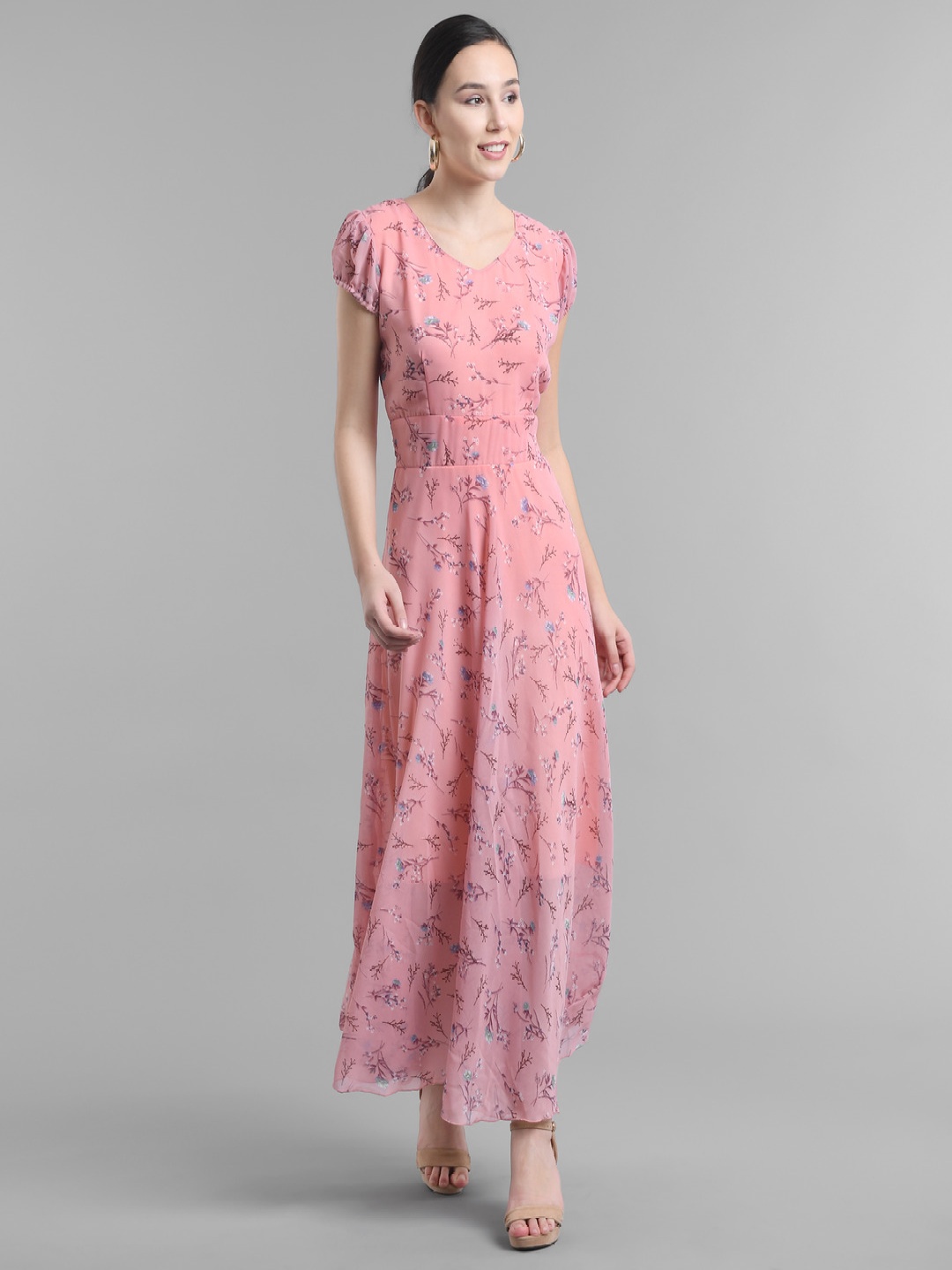 

Raabta Fashion Floral Printed Puff Sleeves Georgette Fit & Flare Maxi Dress, Pink