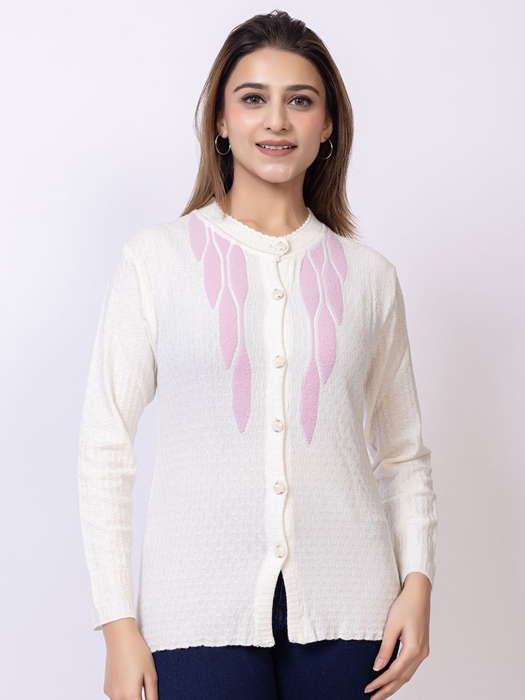 

Lady Leaf Women Embroidered Woollen Cardigan, White