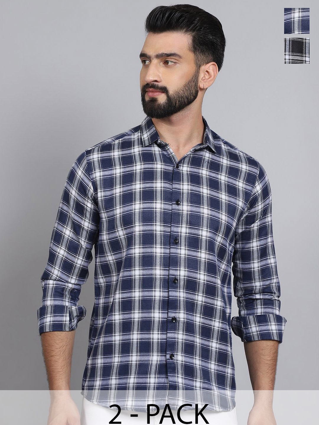 

Tanip Men Pack Of 2 Spread Collar Tartan Checked Cotton Casual Shirts, Navy blue