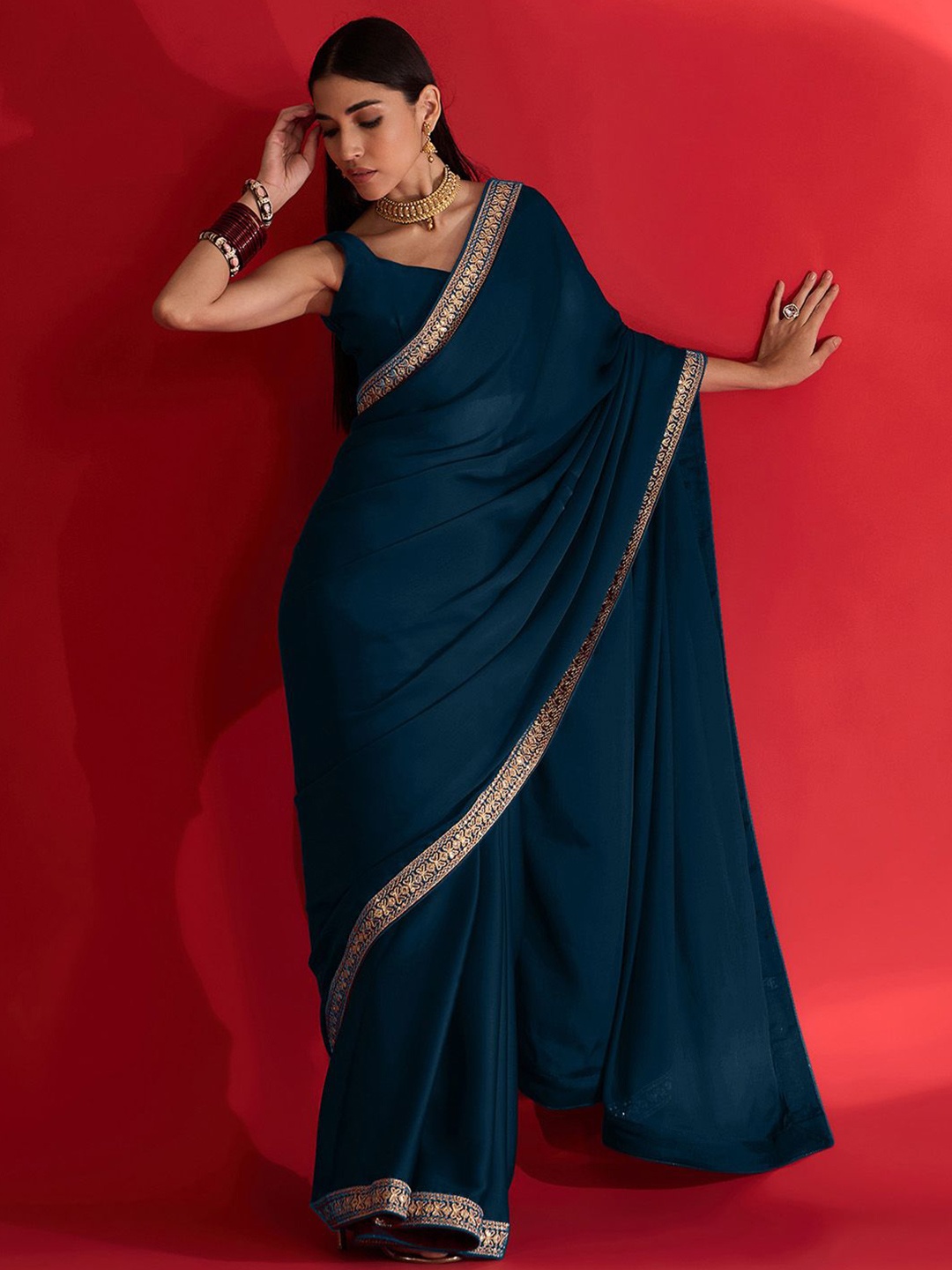 

Mitera Embroidered Satin Saree, Blue