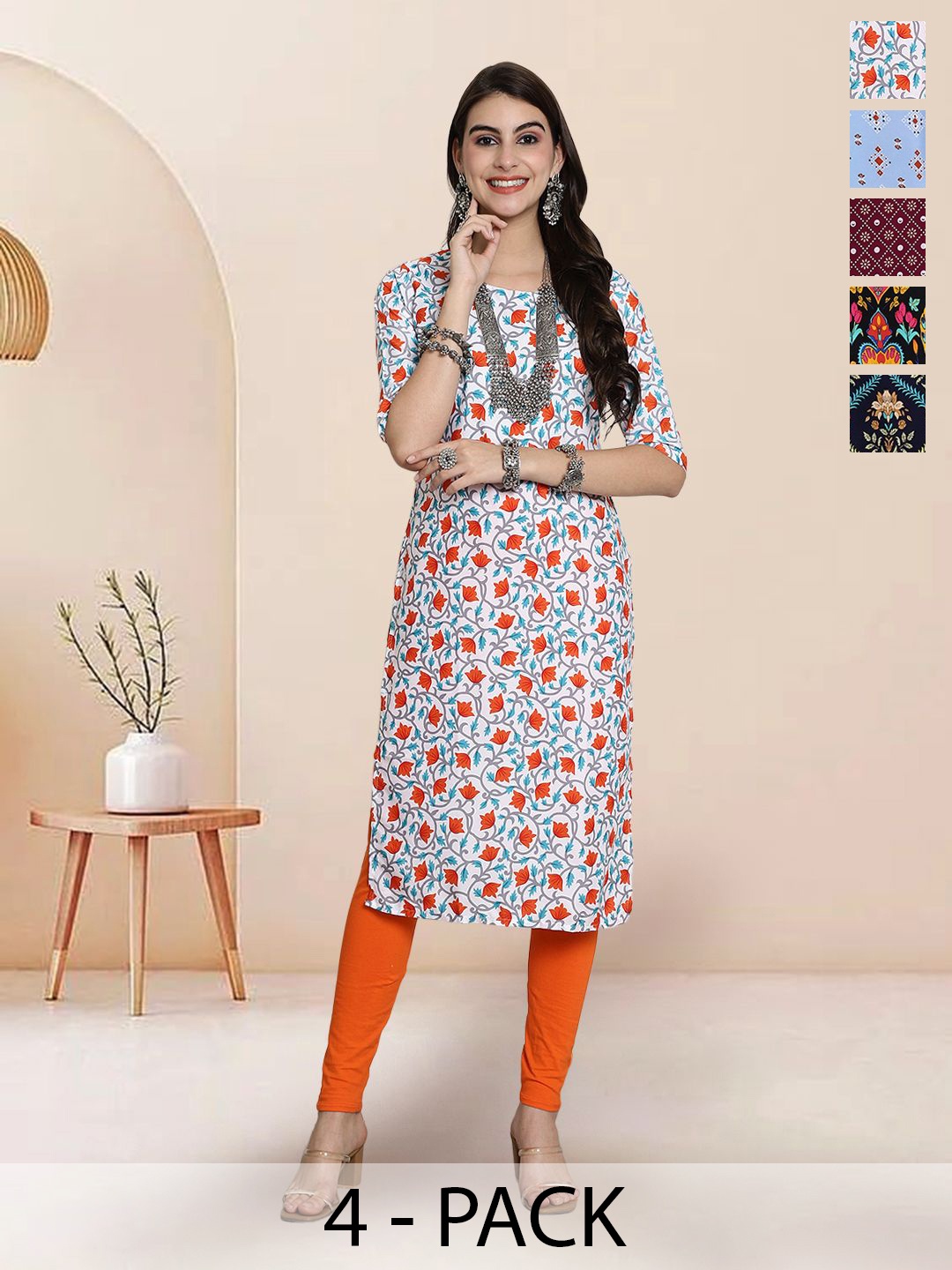 

7Threads Selection of 5 Floral Printed Round Neck Straight Kurtas, White