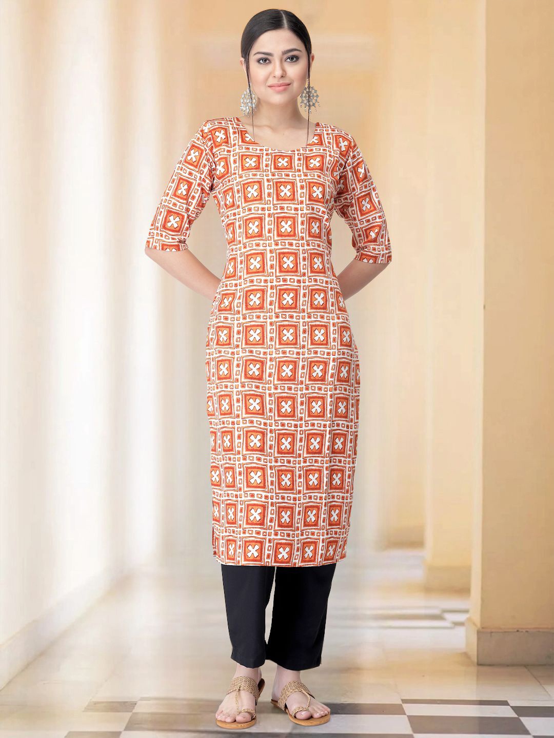 

7Threads Abstract Printed Round Neck Straight Kurta With Trousers, Orange