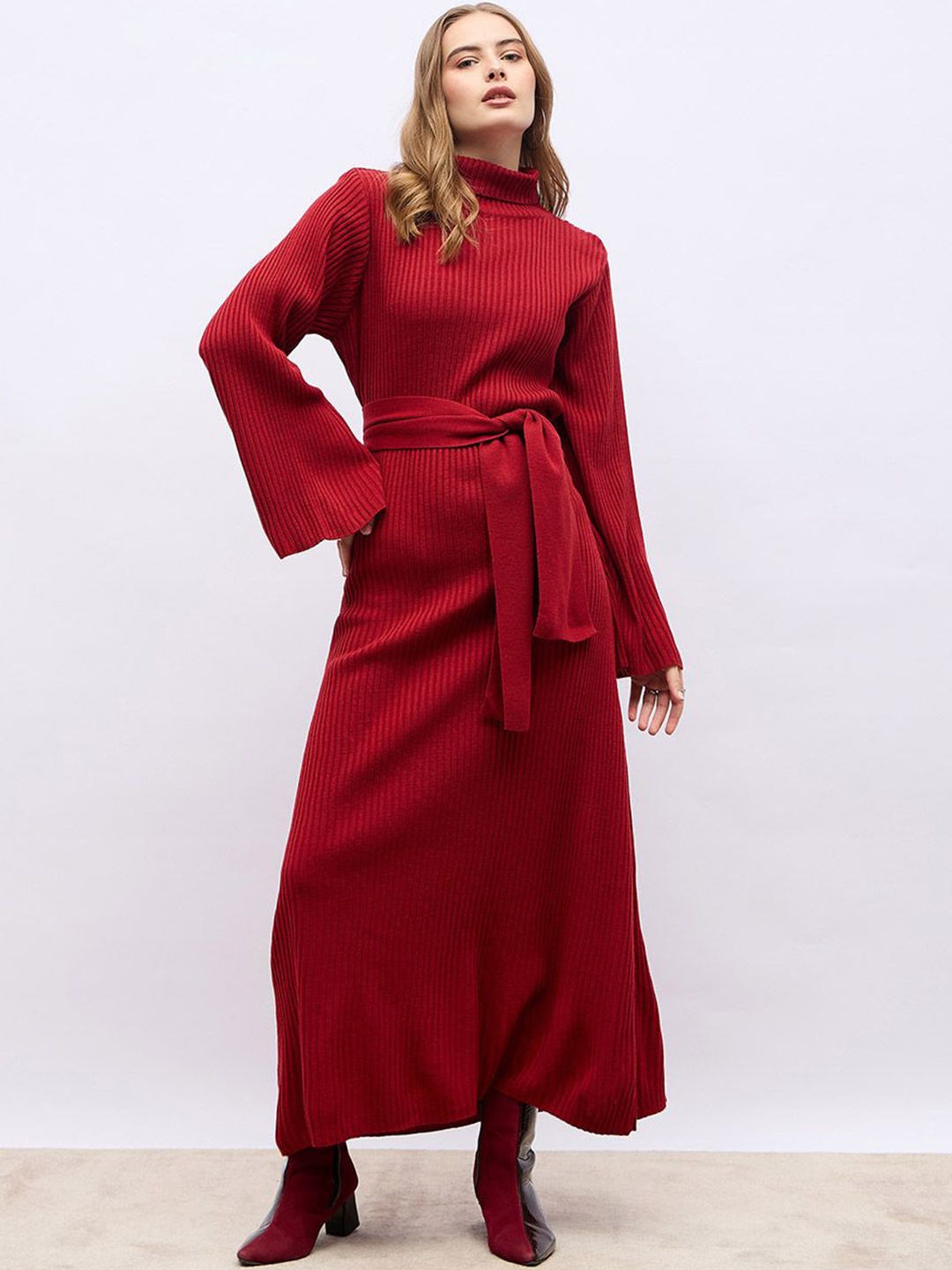 

Styli Women Flat Knit Turtle Neck Maxi Dress with Tie-Belt, Red