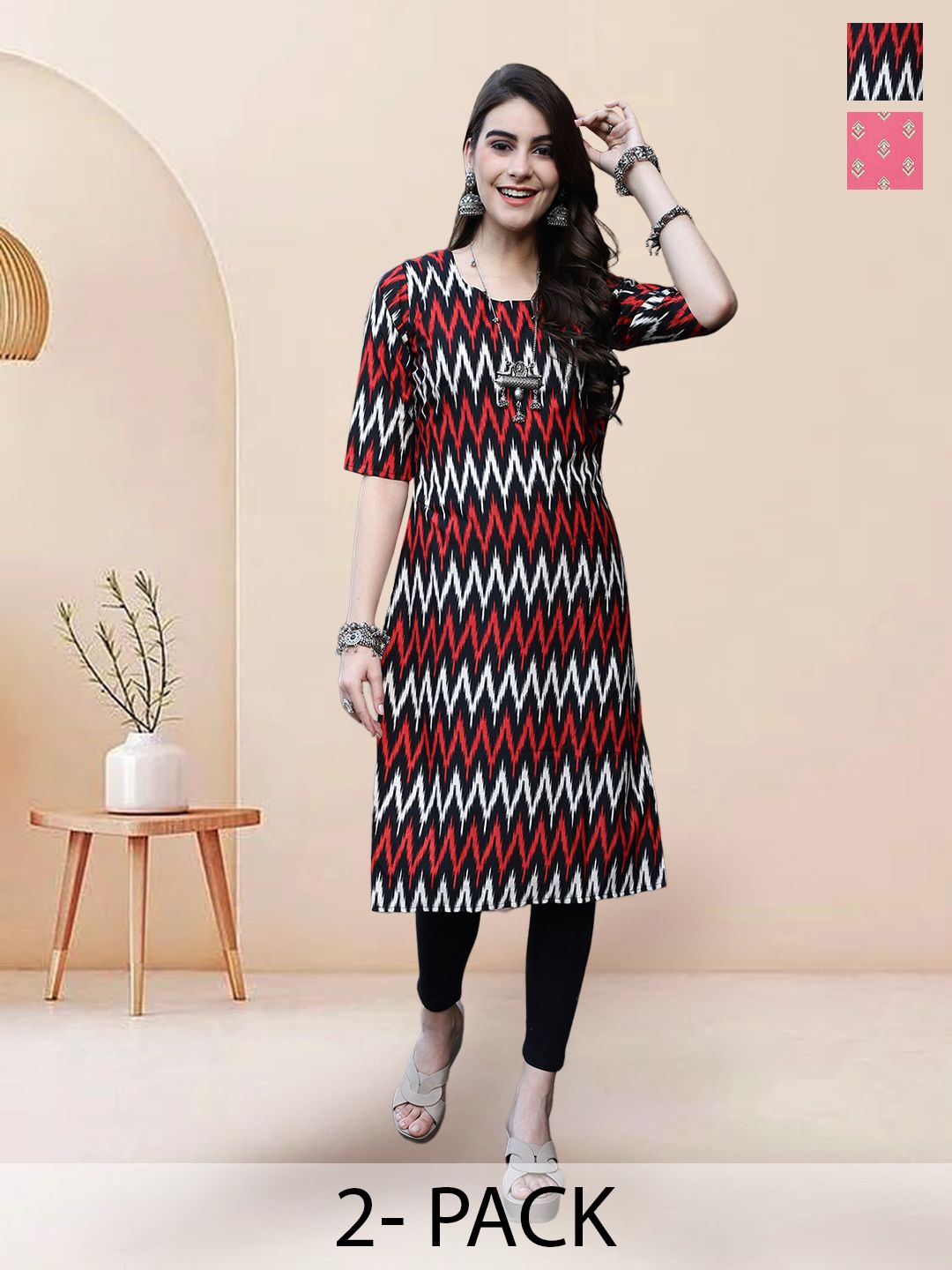 

7Threads Selection Of 2 Chevron Printed Straight Kurtas, Black