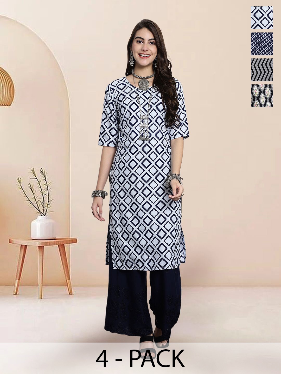 

7Threads Selection of 4 Geometric Printed Round Neck Straight Kurtas, White