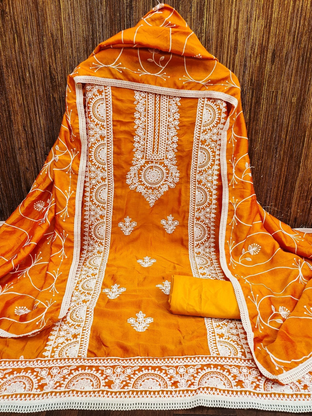 

A TO Z CART Ethnic Motifs Embroidered Pure Silk Unstitched Dress Material, Orange