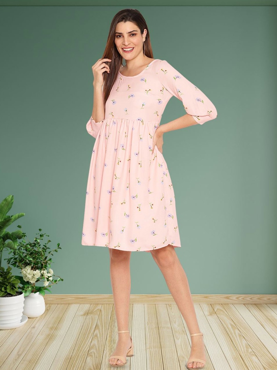 

DressBerry Floral Print Georgette A-Line Dress, Peach