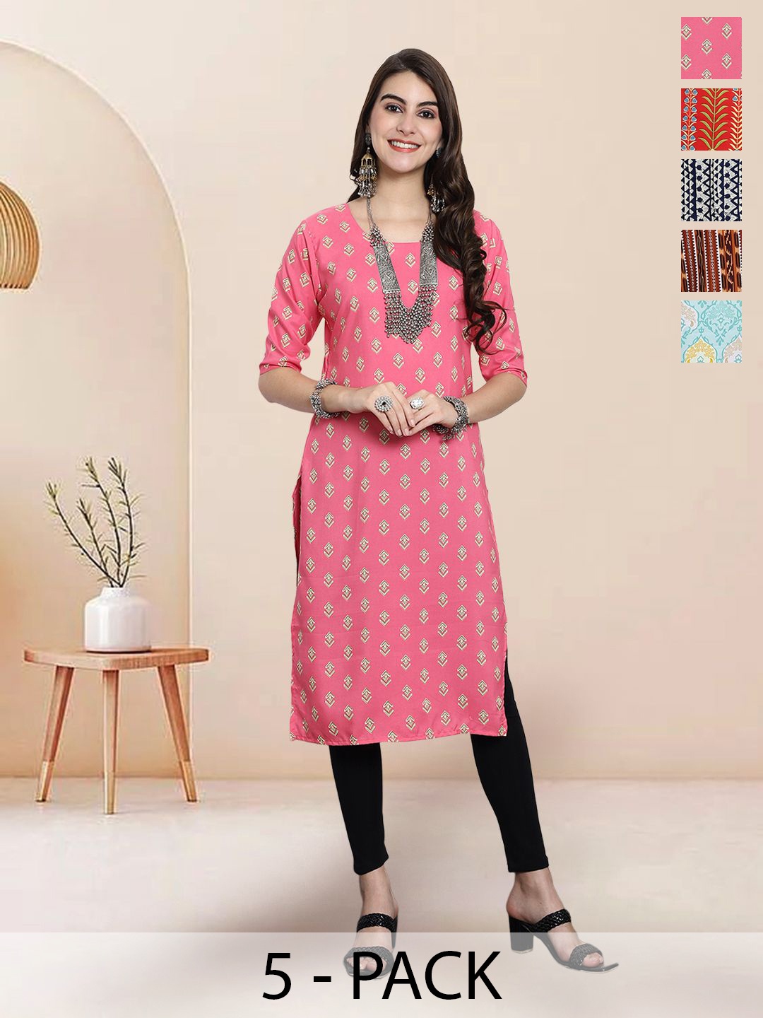 

7Threads Selection Of 5 Geometric Printed Round Neck Straight Kurtas, Pink