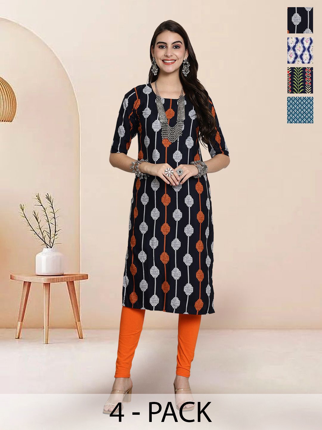 

7Threads Selection Of 4 Geometric Printed Round Neck Kurtas, Black