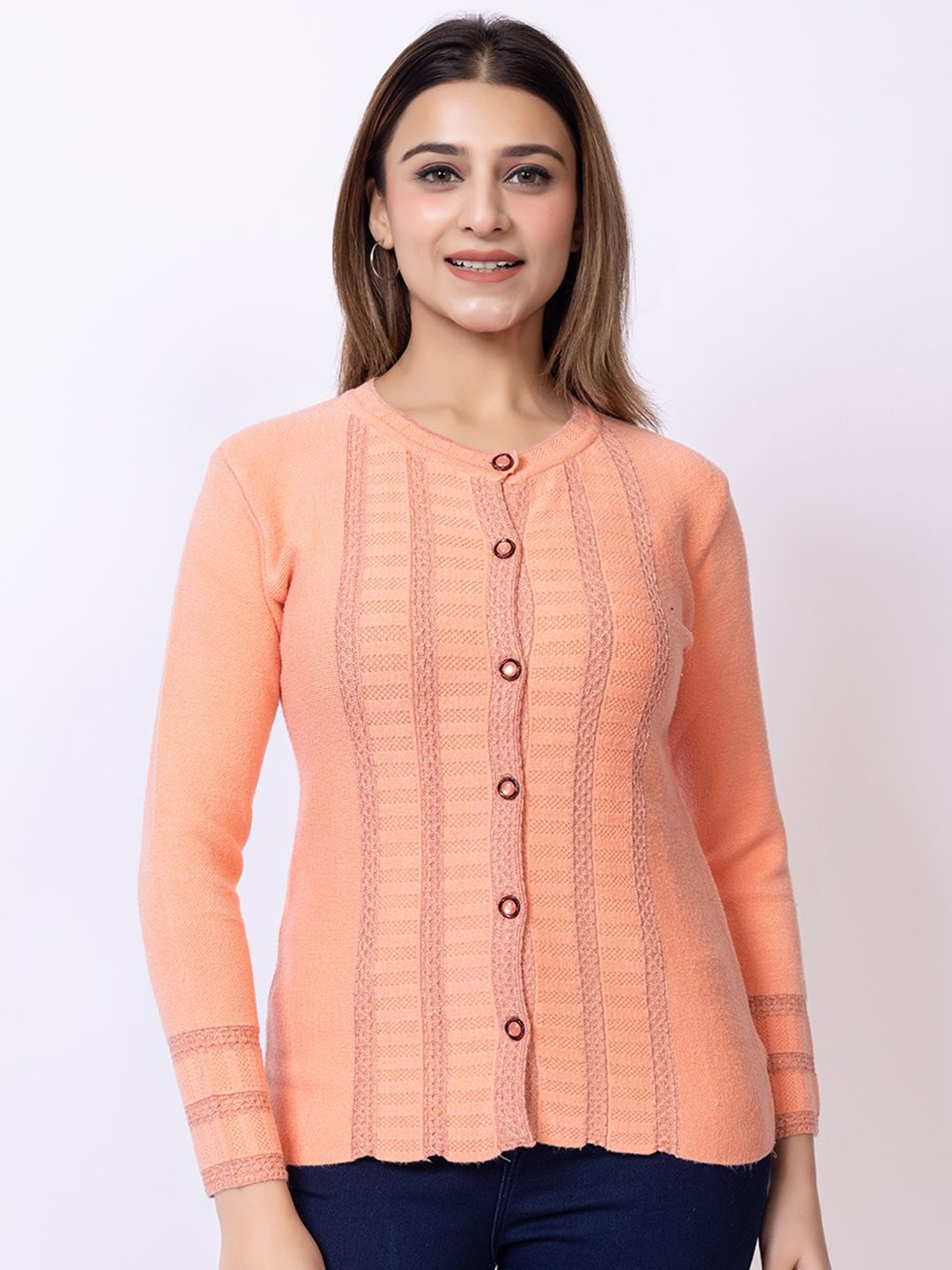 

Lady Leaf Women Embroidered Woollen Cardigan, Orange