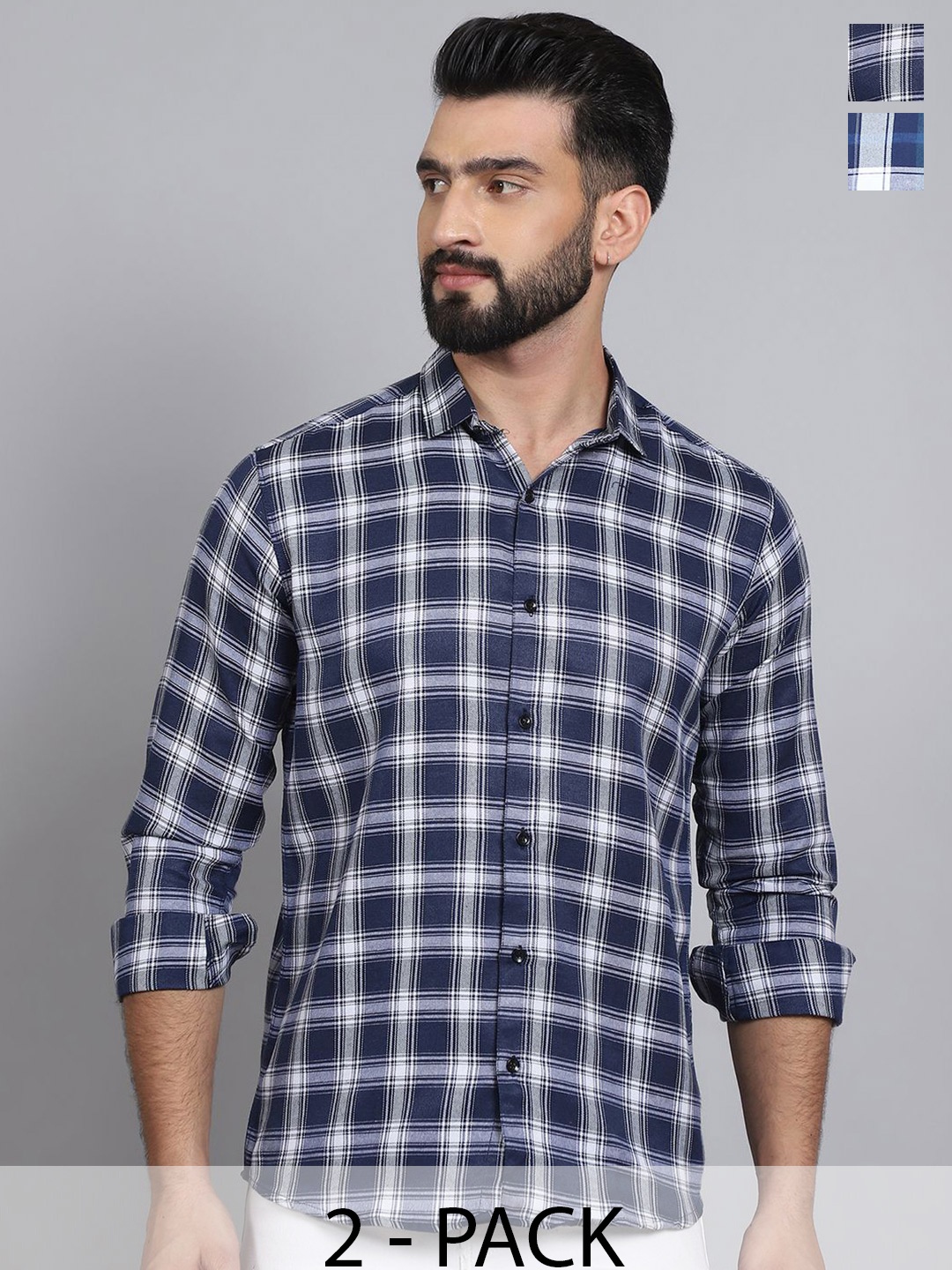 

Tanip Men Pack Of 2 Spread Collar Tartan Checked Cotton Casual Shirts, Blue
