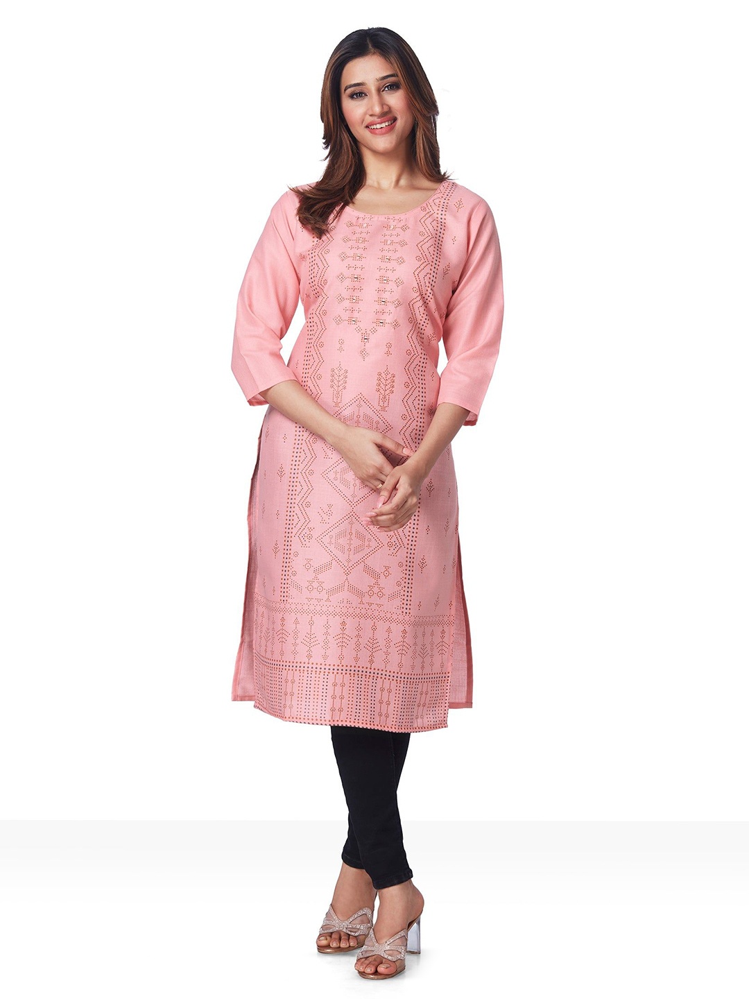 

FREYAA Ethnic Motifs Printed Pure Cotton Round Neck Straight Kurta, Peach