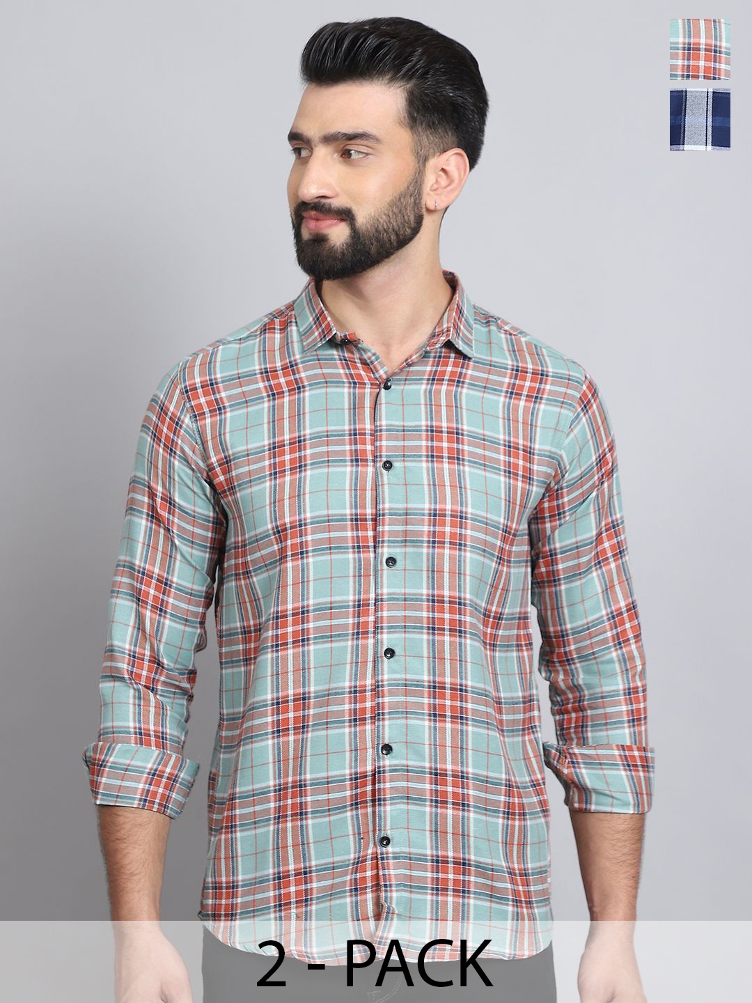 

Tanip Men Pack Of 2 Spread Collar Tartan Checked Cotton Casual Shirts, Green