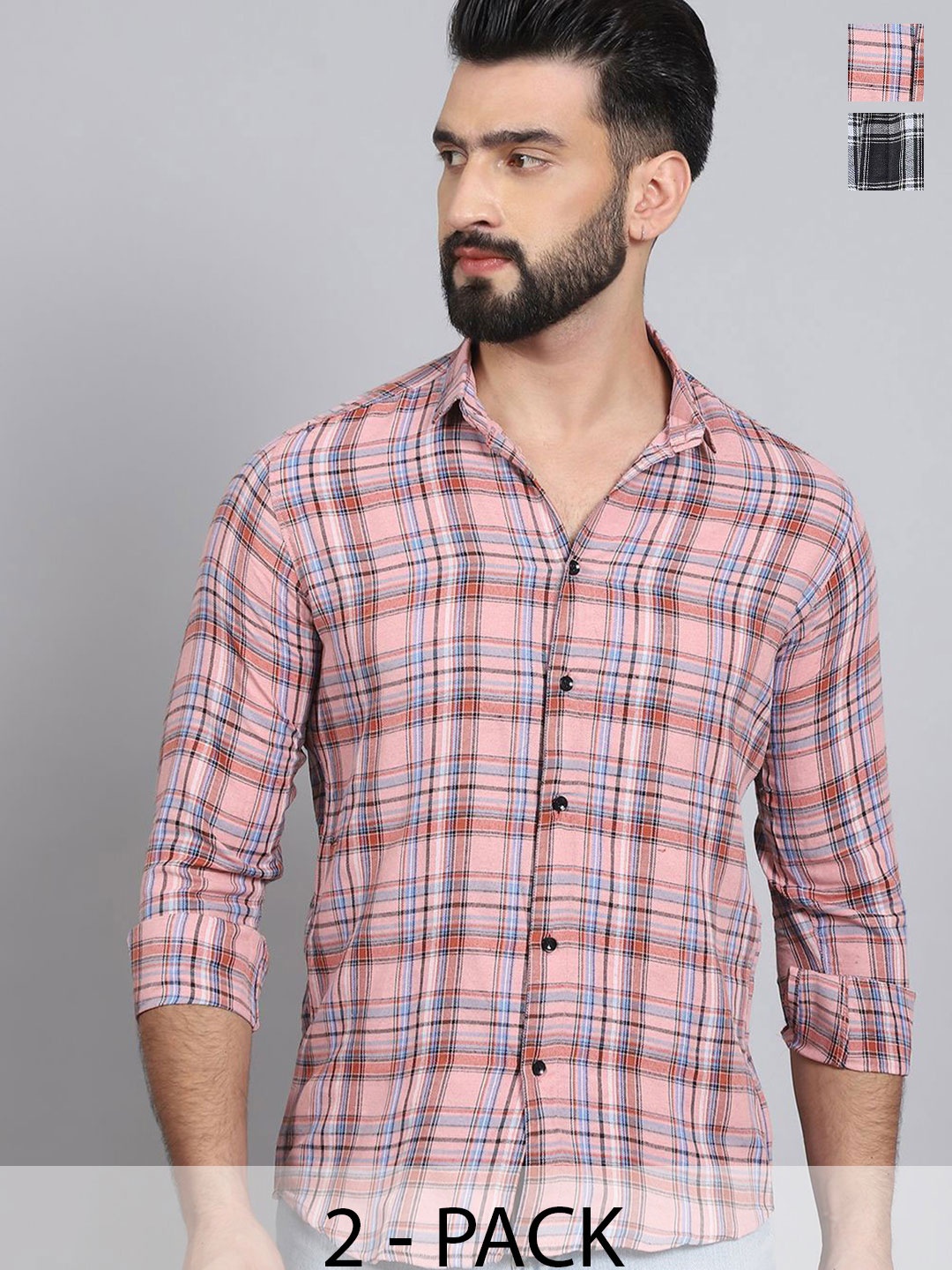 

Tanip Men Pack Of 2 Spread Collar Tartan Checked Cotton Casual Shirts, Pink