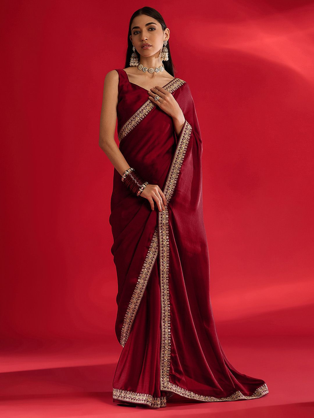 

Mitera Embroidered Satin Saree, Maroon