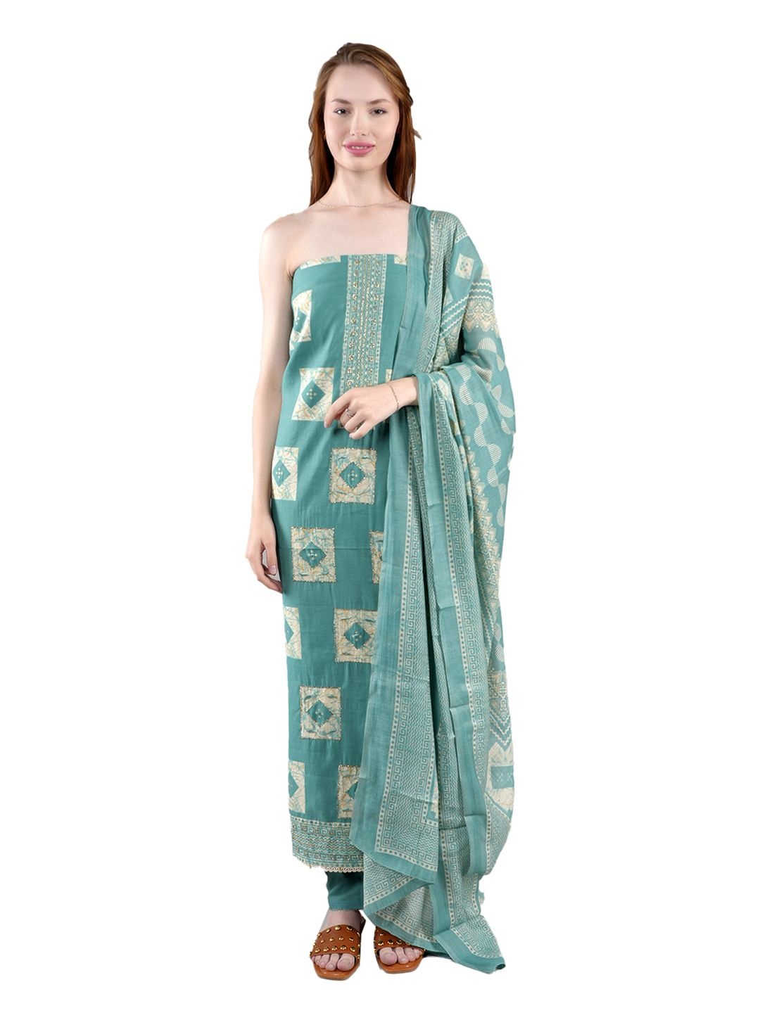 

MOZAFIA Geometric Printed Unstitched Dress Material, Green