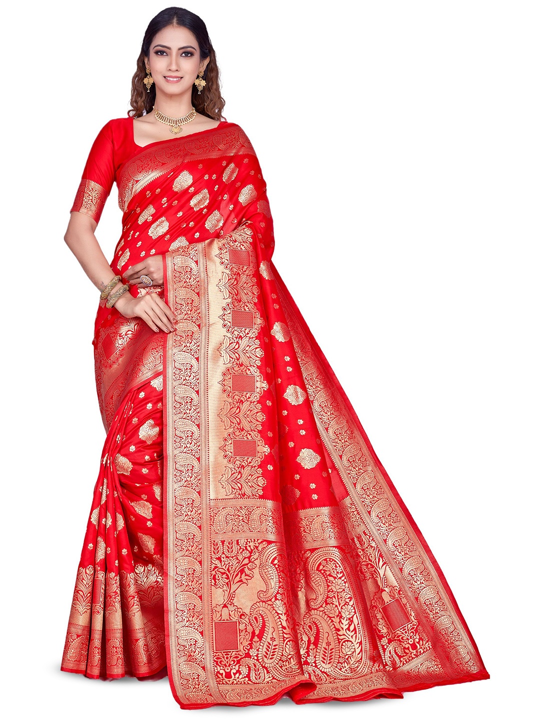 

Melok Woven Design Zari Art Silk Banarasi Saree, Red