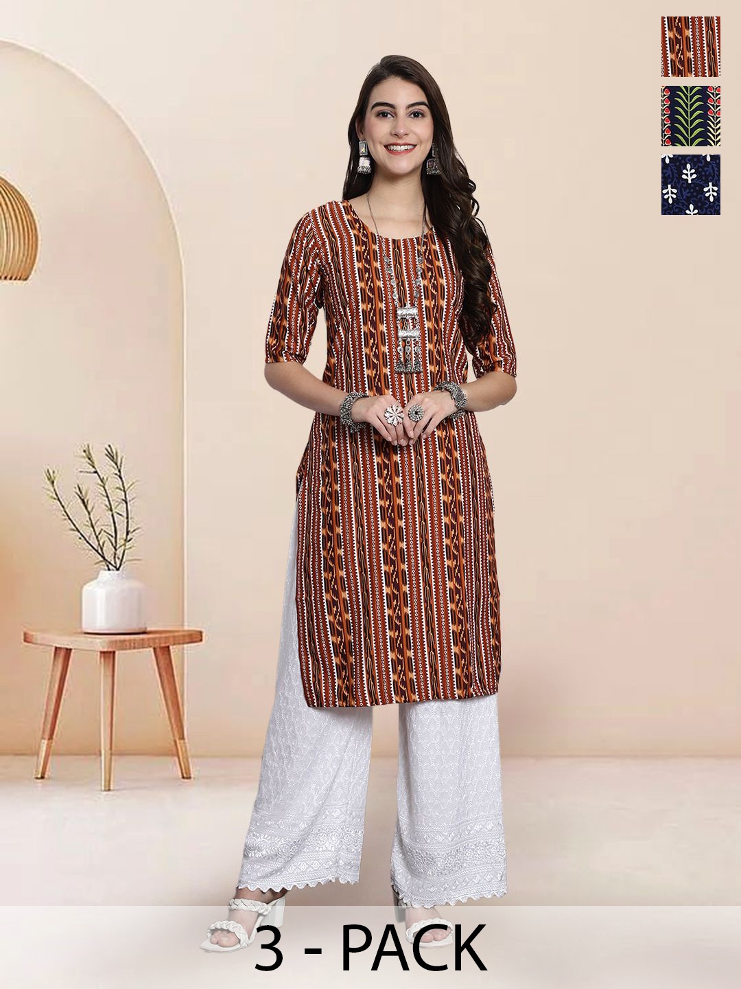 

7Threads Selection Of 3 Geometric Printed Straight Kurtas, White