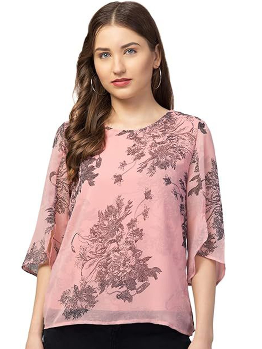 

My Swag Floral Print Studded Georgette Top, Pink