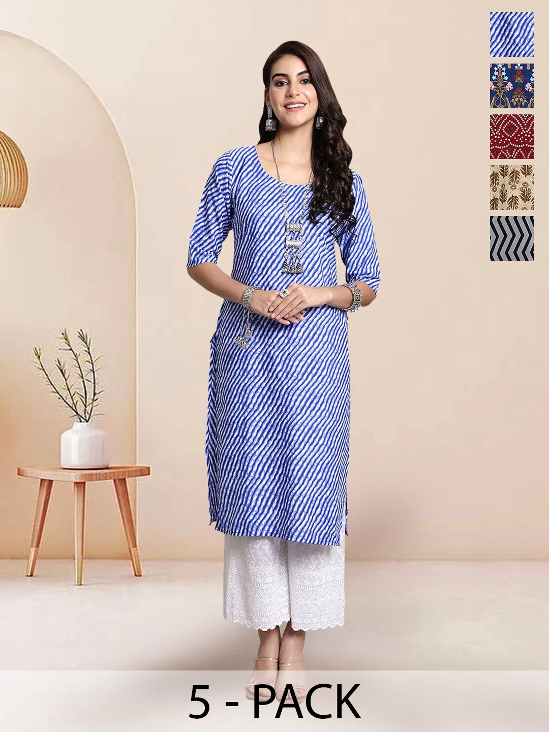 

7Threads Selection Of 5 Leheriya Printed Round Neck Straight Kurtas, Blue