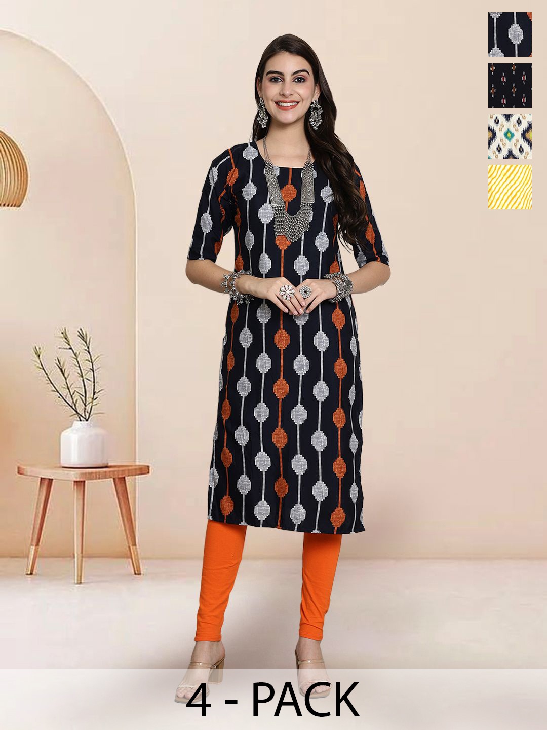 

7Threads Selection Of 4 Geometric Printed Straight Kurtas, Black