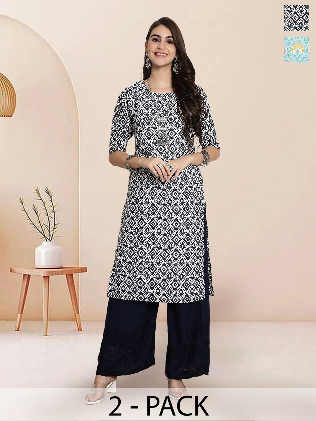 

7Threads Selection of 2 Ethnic Motifs Printed Round Neck Straight Kurtas, White