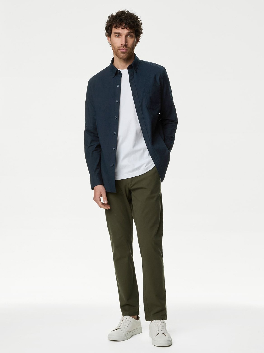 

Marks & Spencer Men Button-Down Collar Solid Cotton Casual Shirt, Navy blue