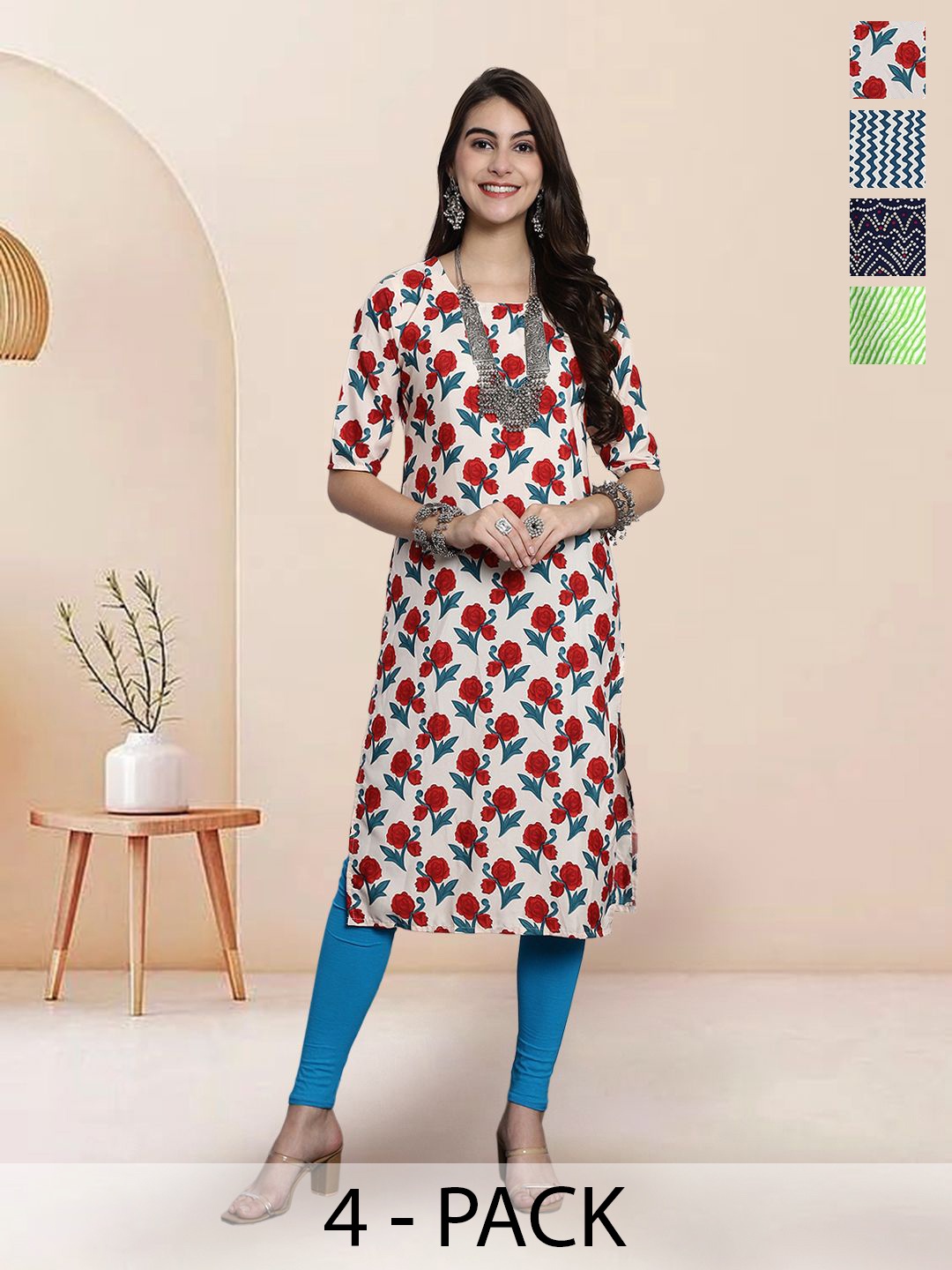 

7Threads Selection Of 4 Floral Printed Round Neck Straight Kurtas, Off white