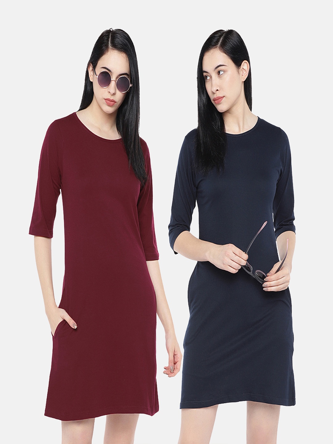

STATUS MANTRA Pack of 2 Round Neck Pure Cotton T-shirt Dresses, Maroon