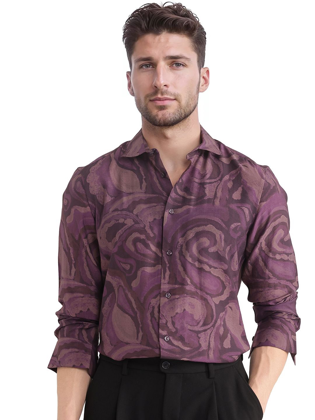 

RARE RABBIT Men Comfort Slim Fit Spread Collar Ethnic Motifs Printed Casual Shirt, Purple