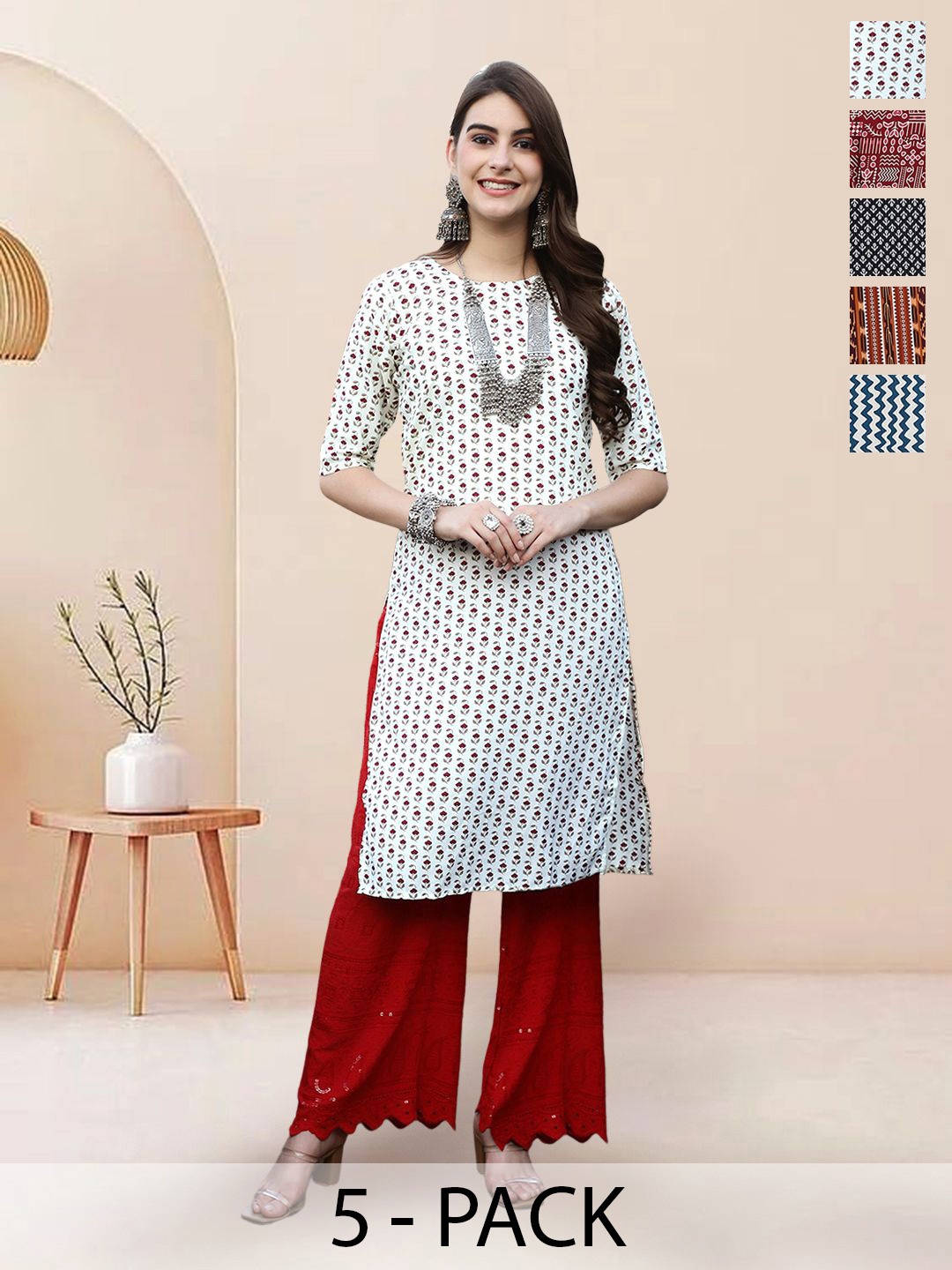

7Threads Selection Of 5 Floral Printed Round Neck Straight Kurtas, White