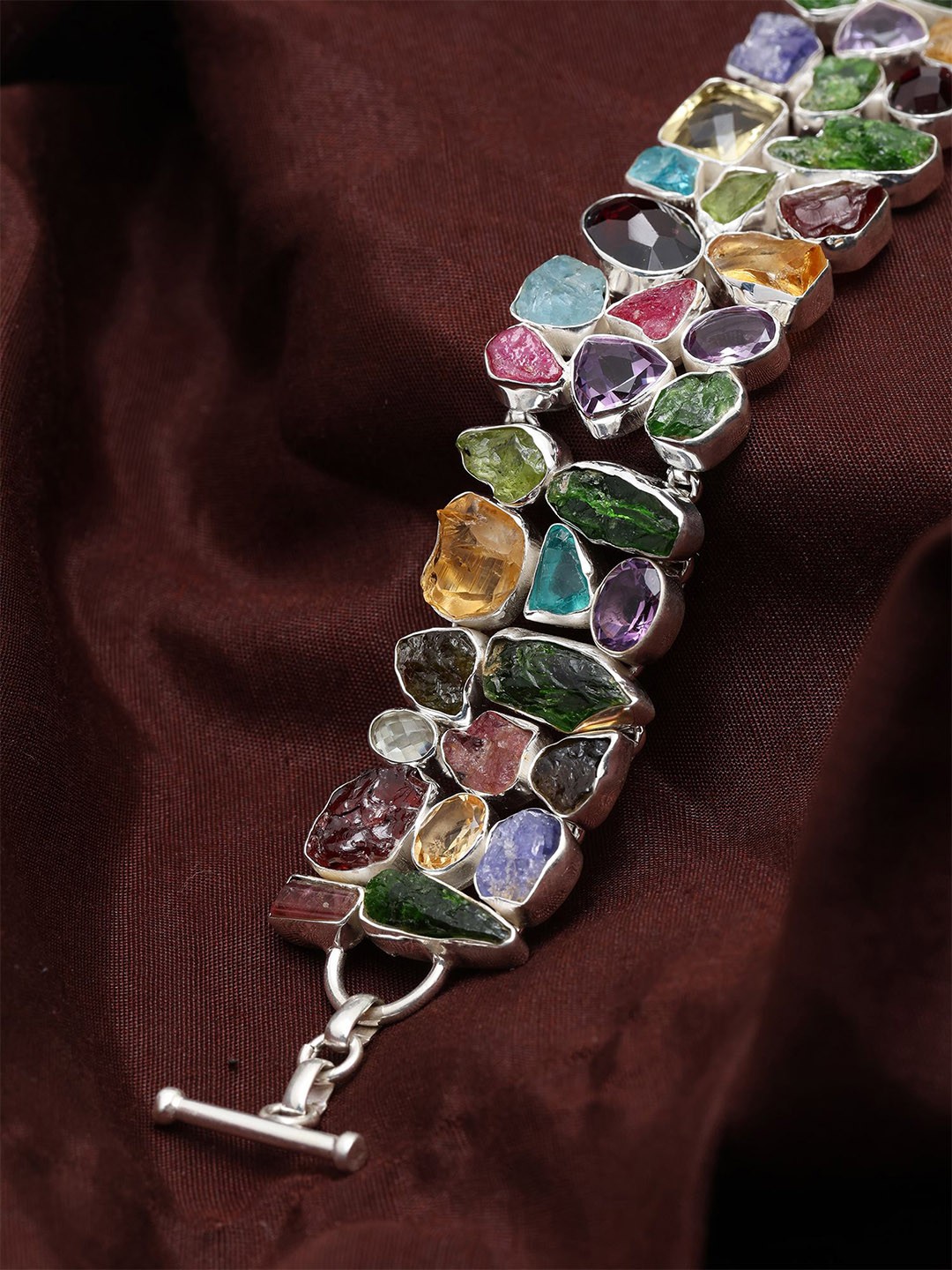 

Exotic India Sterling Silver Multi Raw Gemstone Bracelet