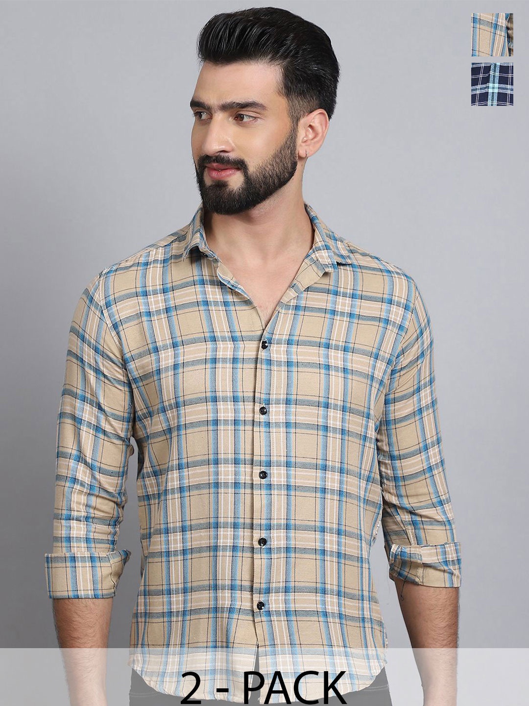 

Tanip Men Pack Of 2 Spread Collar Tartan Checked Cotton Casual Shirts, Beige