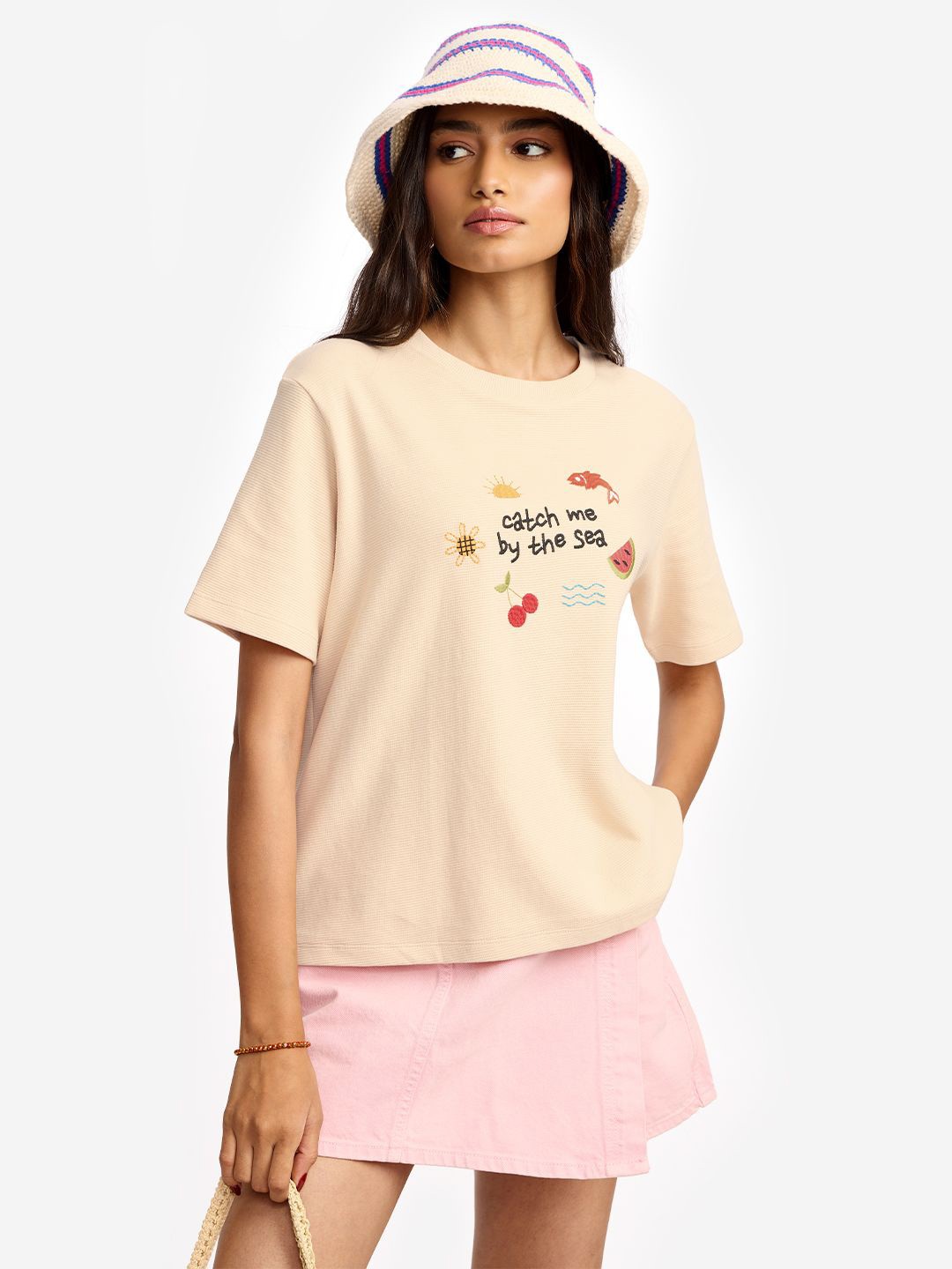 

The Souled Store Women Typography Printed Round Neck Cotton Relaxed Fit T-shirt, Cream