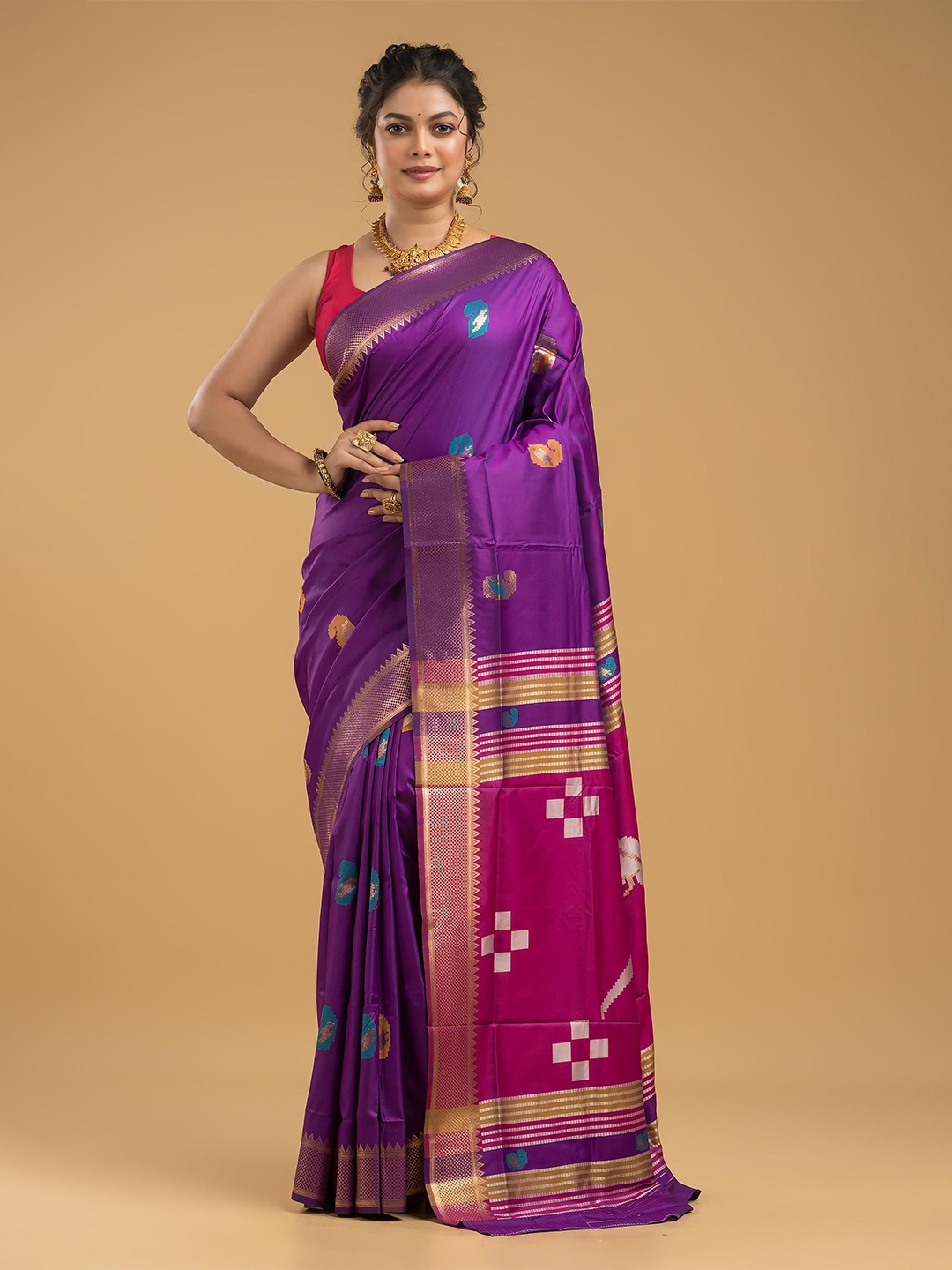 

Dheu Embellished Zari Silk Blend Designer Chanderi Saree, Purple