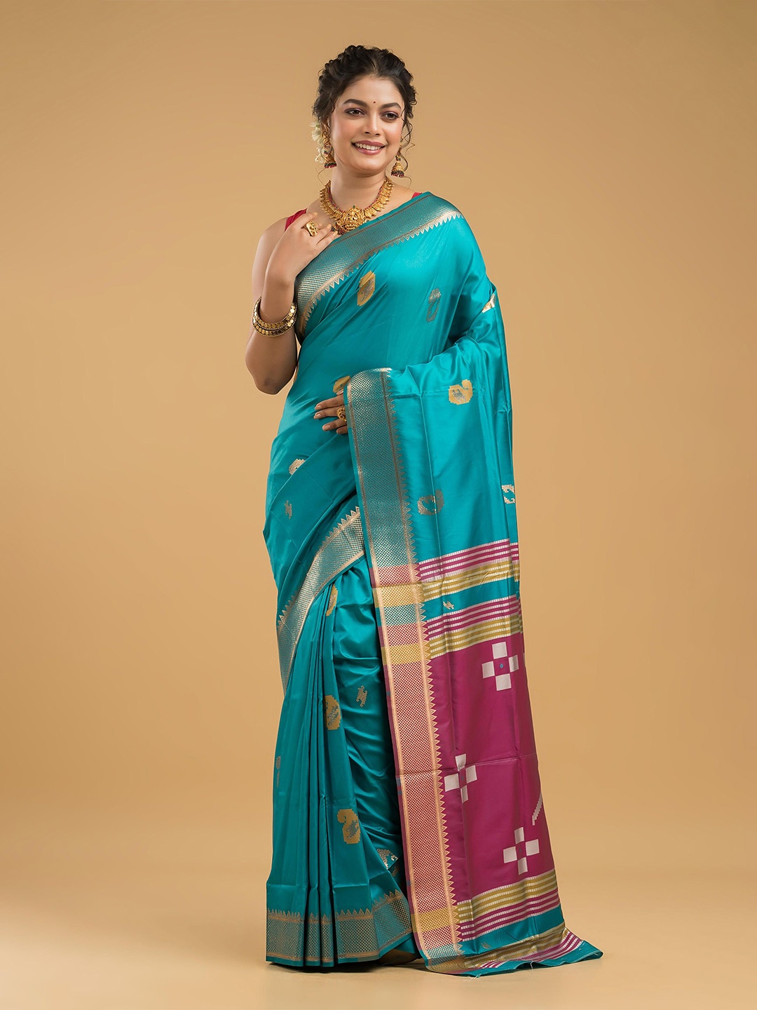 

Dheu Woven Design Zari Silk Blend Chanderi Saree, Blue
