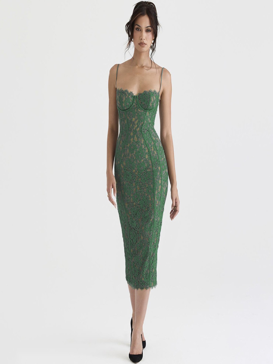 

bebe Lace Detail Bodycon Midi Dress, Green