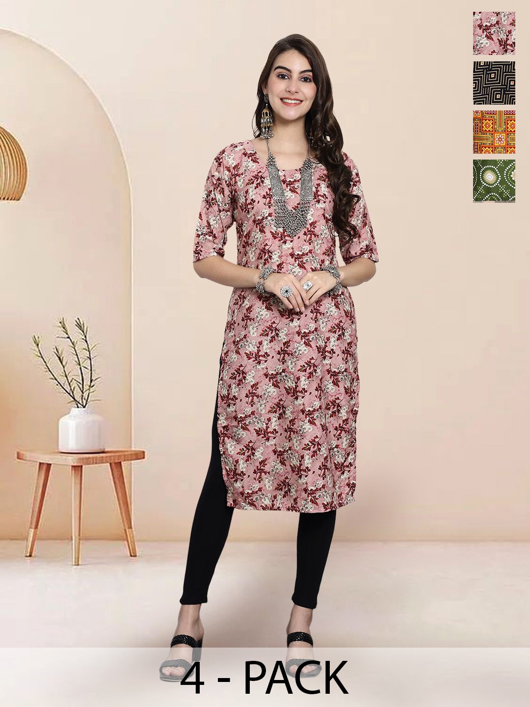 

7Threads Selection Of 4 Floral Printed Round Neck Straight Kurtas, Peach