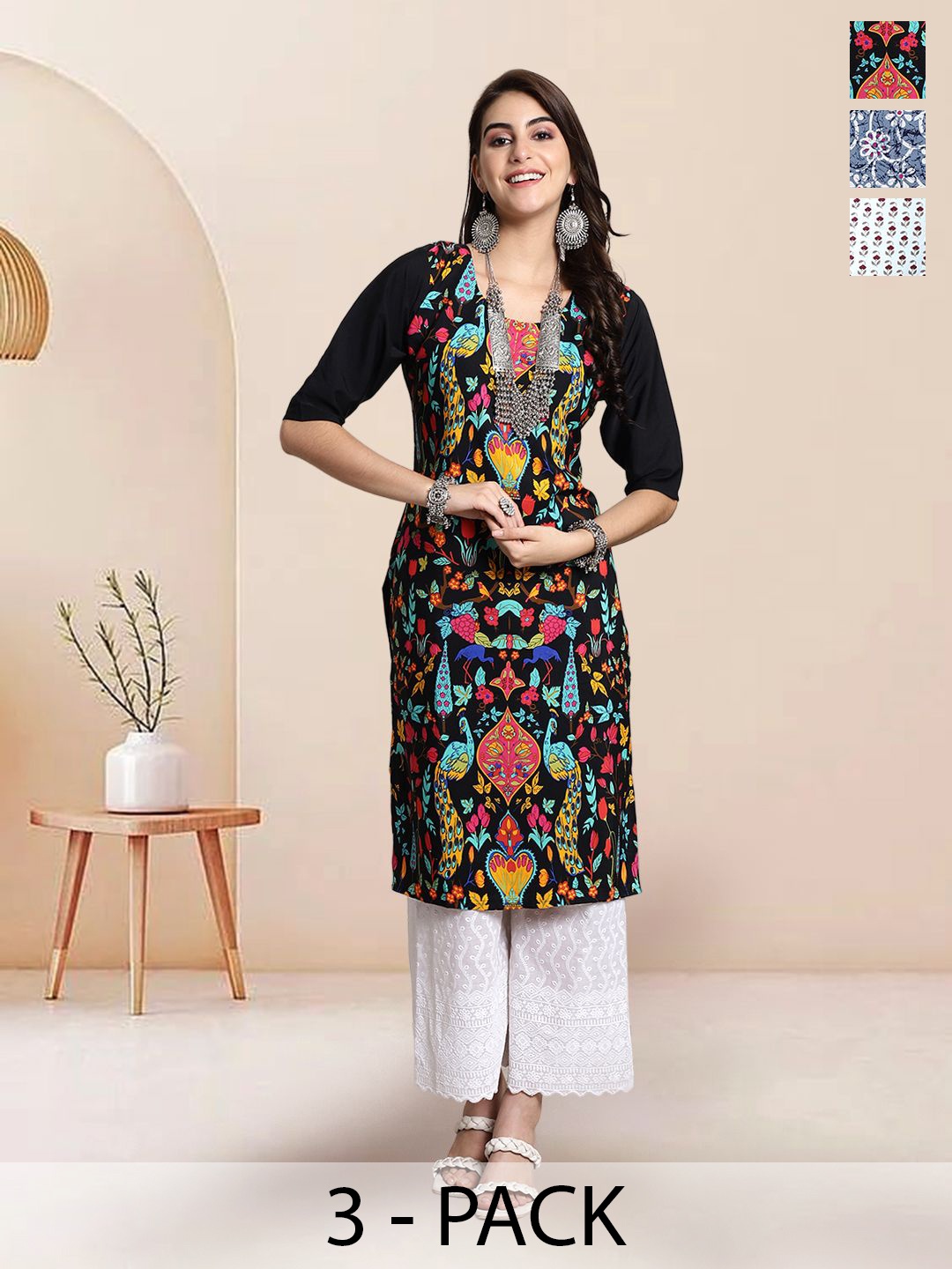 

7Threads Selection Of 3 Ethnic Motifs Printed Round Neck Straight Kurtas, Black