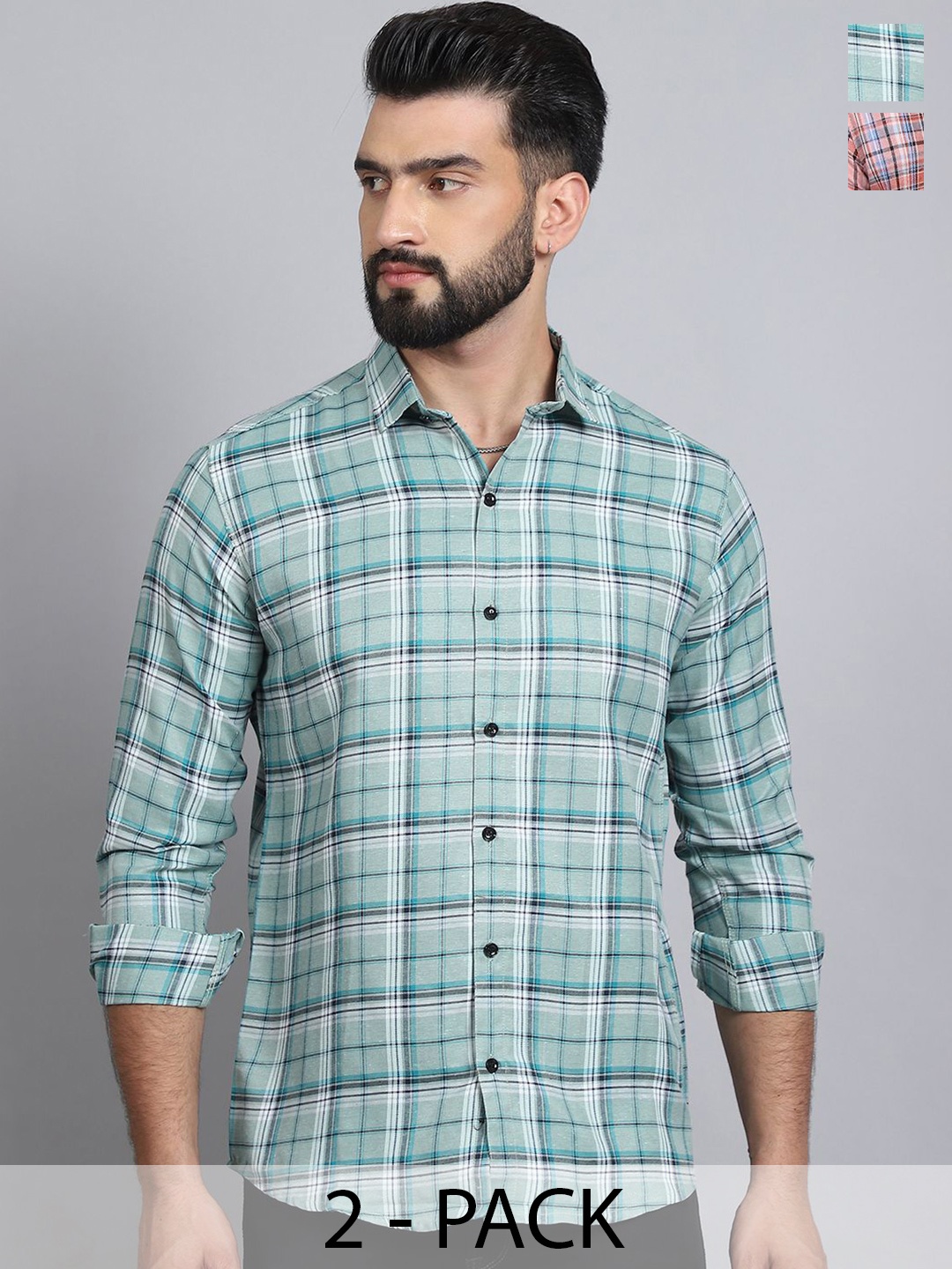 

Tanip Men Pack Of 2 Spread Collar Tartan Checked Cotton Casual Shirts, Green