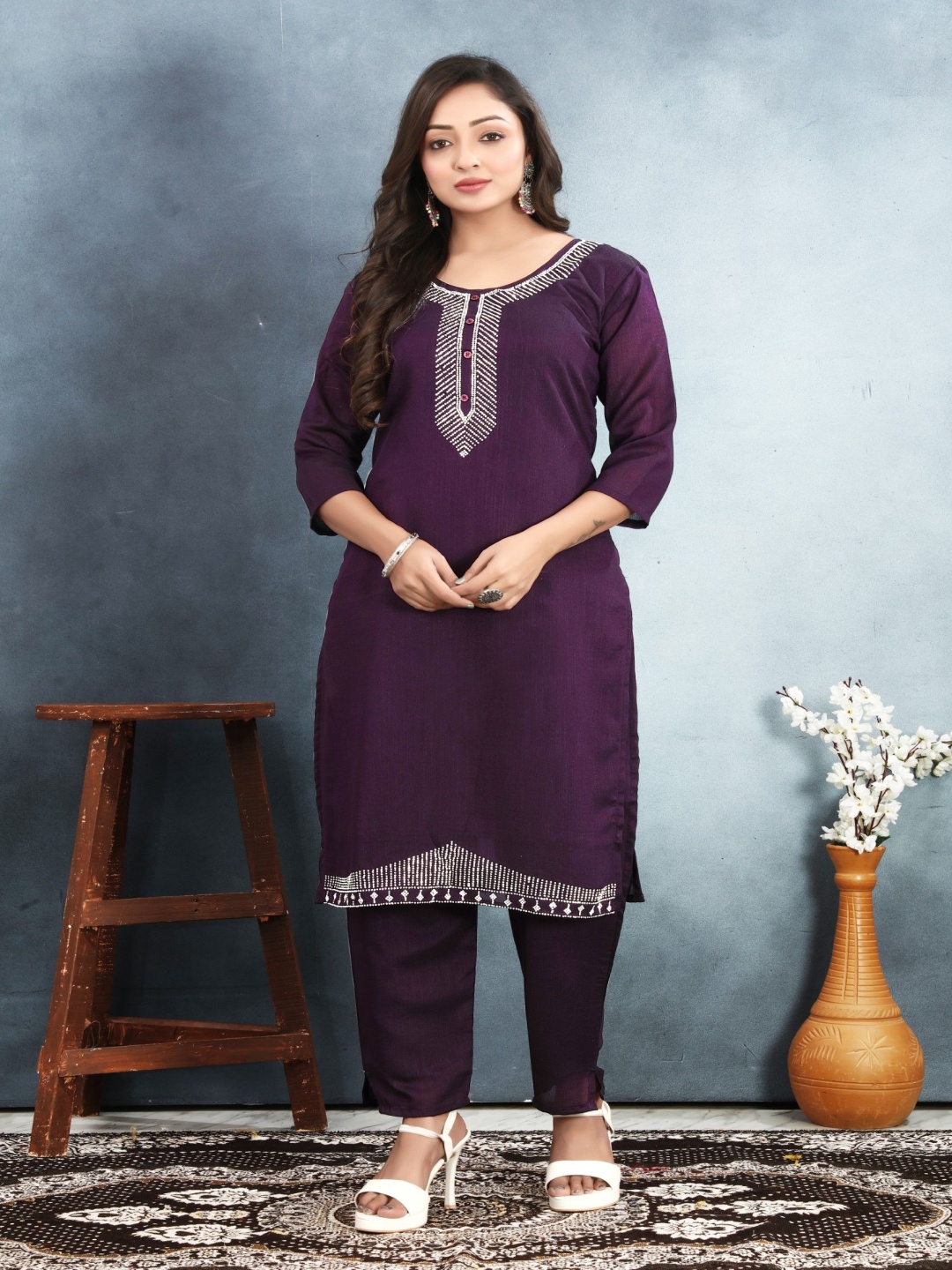 

LeeliPeeri Designer Geometric Jarkan Work Yoke Design Straight Kurta With Trousers, Purple